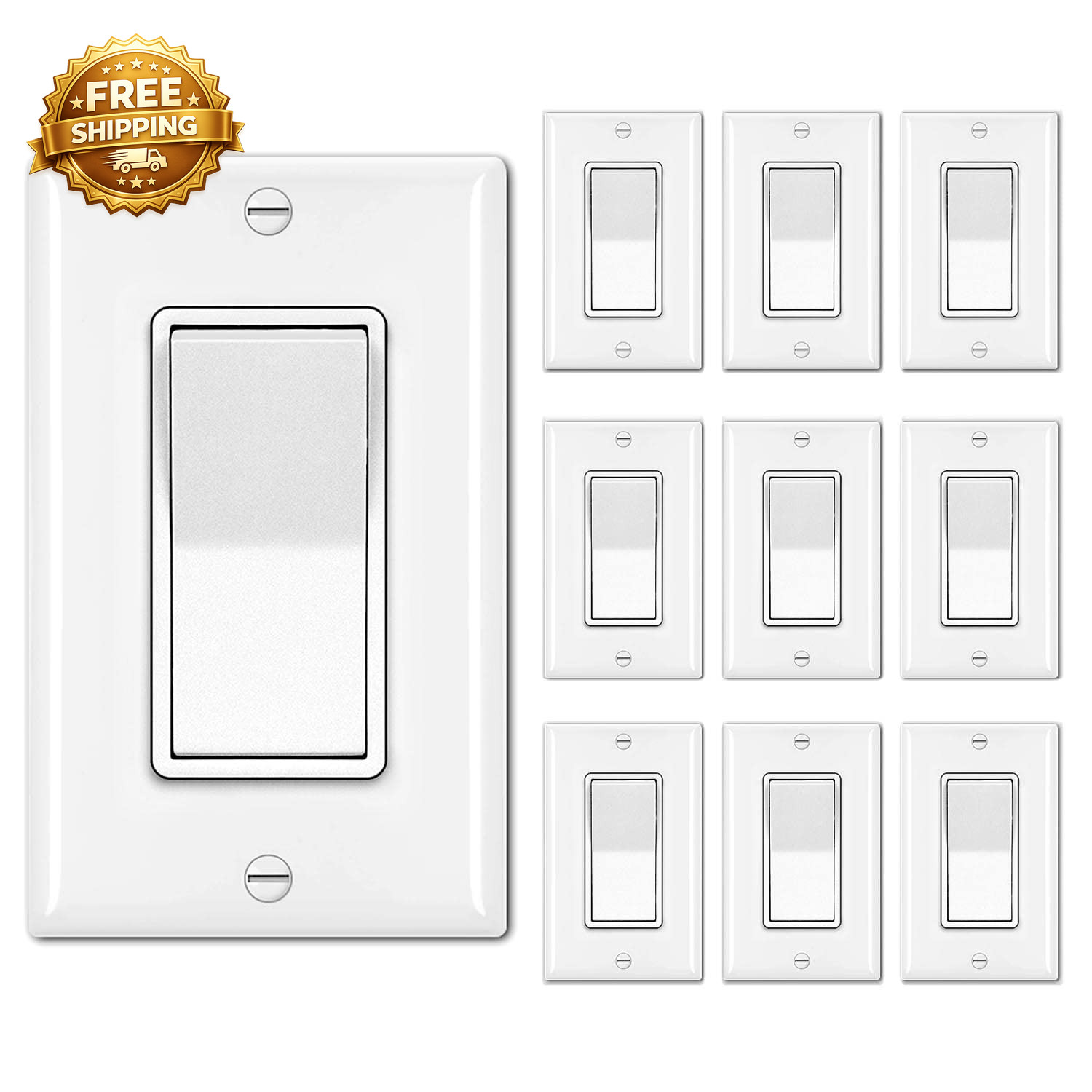 10 Pack Single Pole Decorator Light Switch with Wallplate 15A 120/277V Rocker