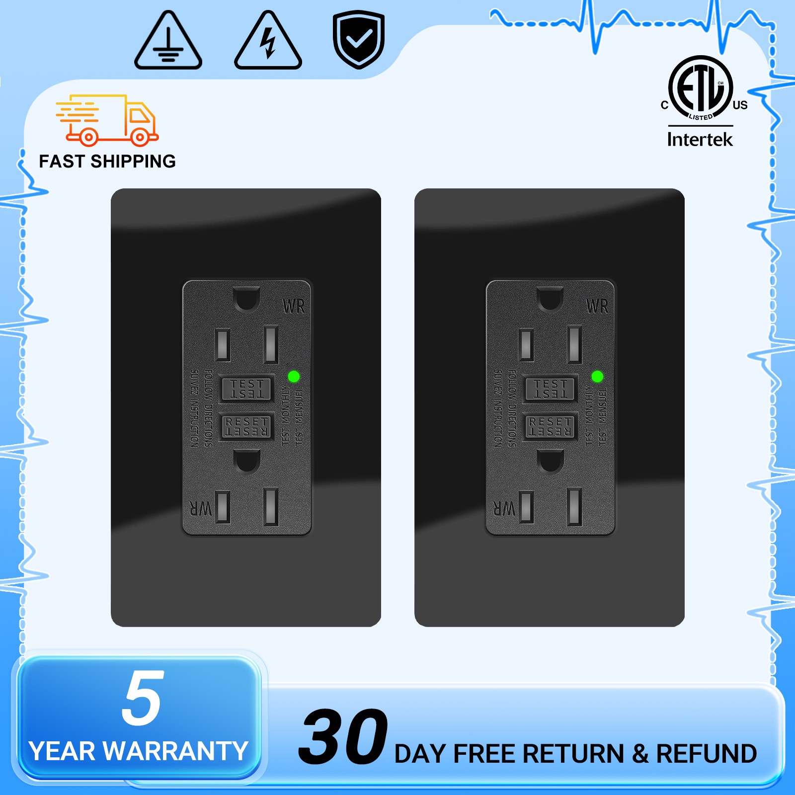 GFI GFCI Outlet 15 Amp Tamper-Resistant TR WR LED Indicator Receptacle US 2 Pack