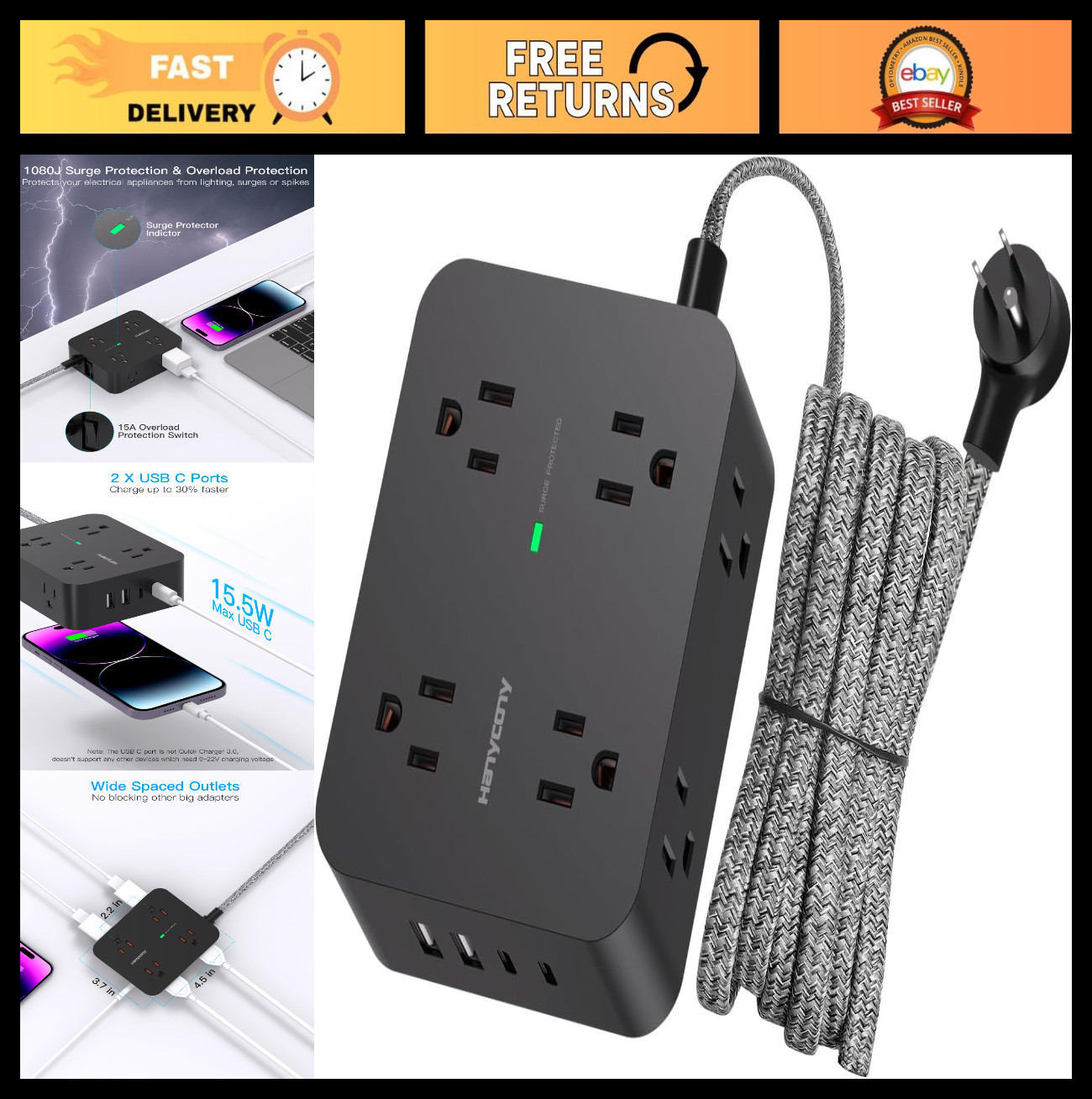 Surge Protector Power Strip, 1080J, 8 Outlets & 4 USB Ports, Flat Plug, 5 Ft Cor