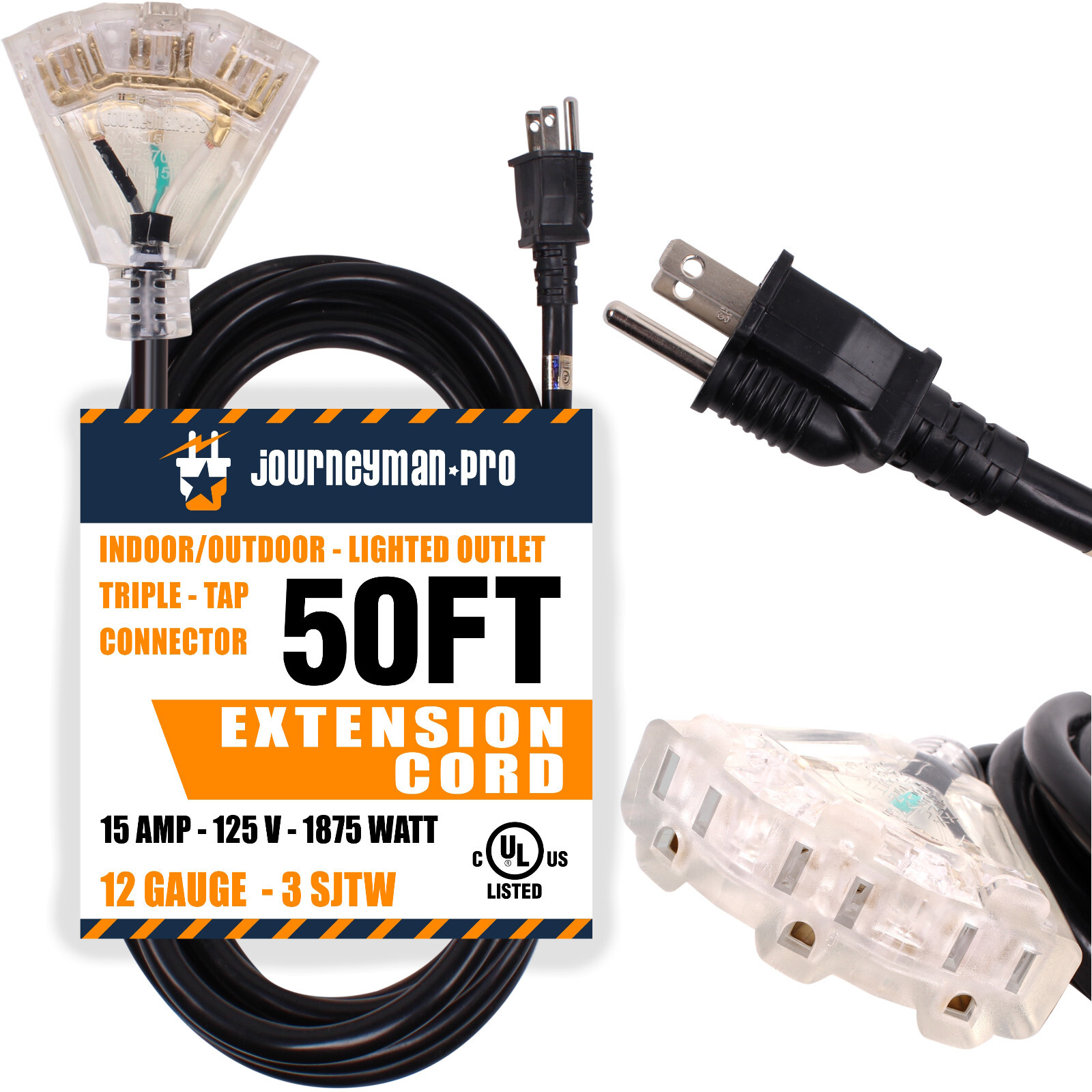 50FT Lighted Outdoor Extension Cord Triple-Tap 3 Way Splitter 15 AMP 12 AWG 50′
