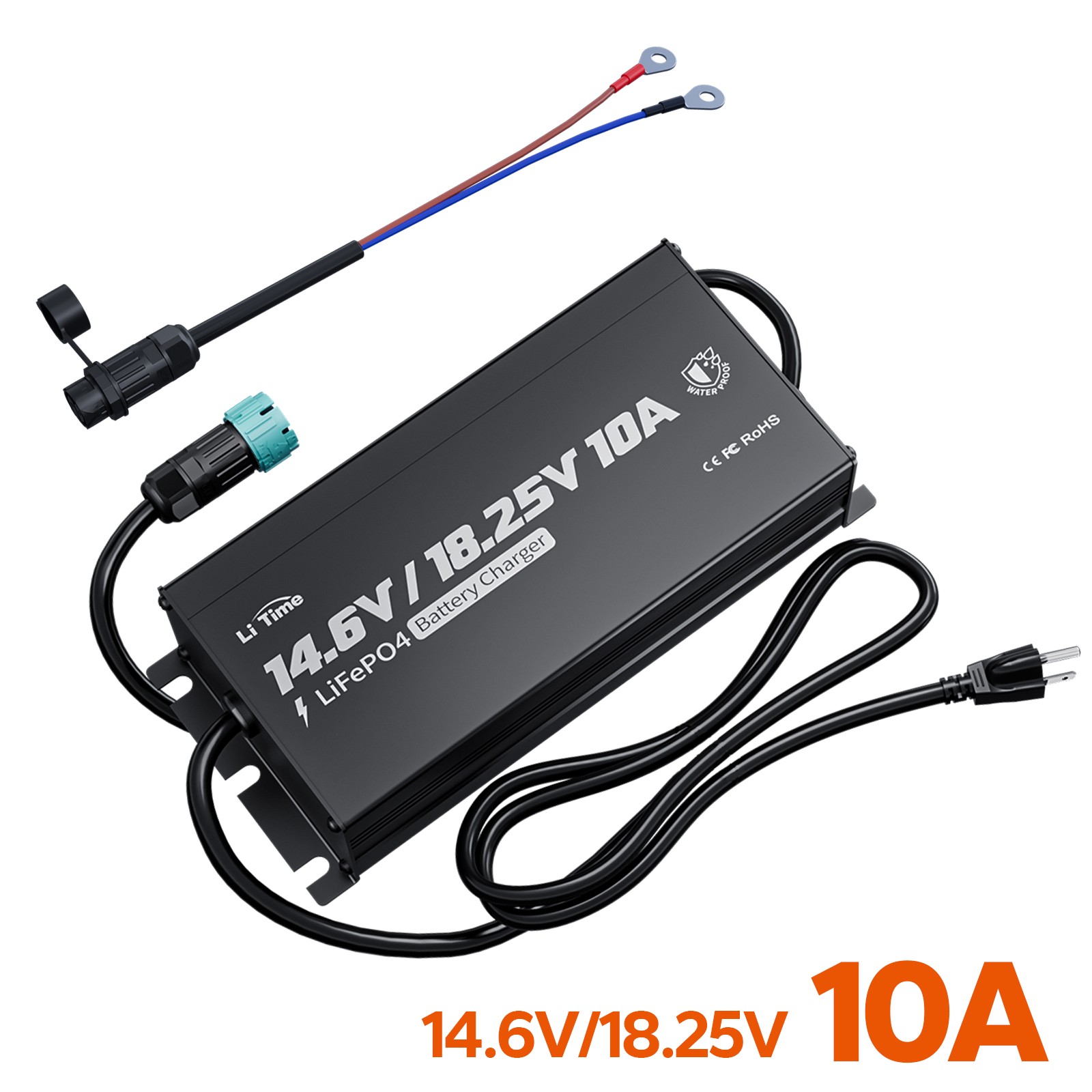 LiTime 12V+16V 10A Waterproof Smart Charger for Boat LiFePO4 Battery-Refurbished