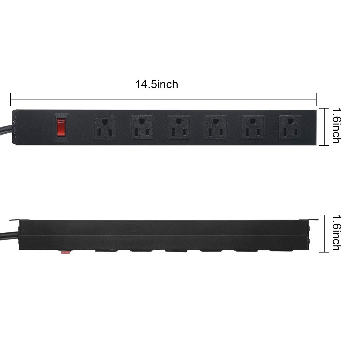 Metal Wall Mount Power Strip 6 Outlet Aluminum Alloy 6FT Cord 15A 125V Black