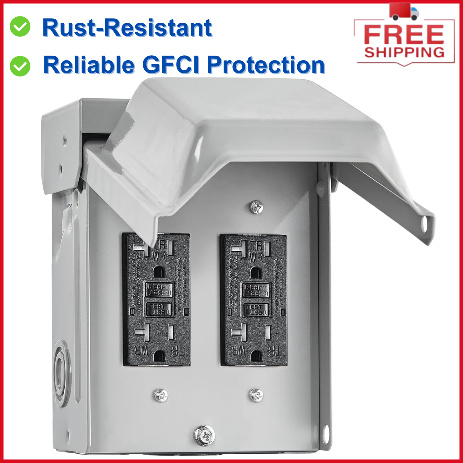 Outdoor Electrical Outlet Box, Dual 20 AMP WRTR GFCI Receptacles, Rainproof 3R