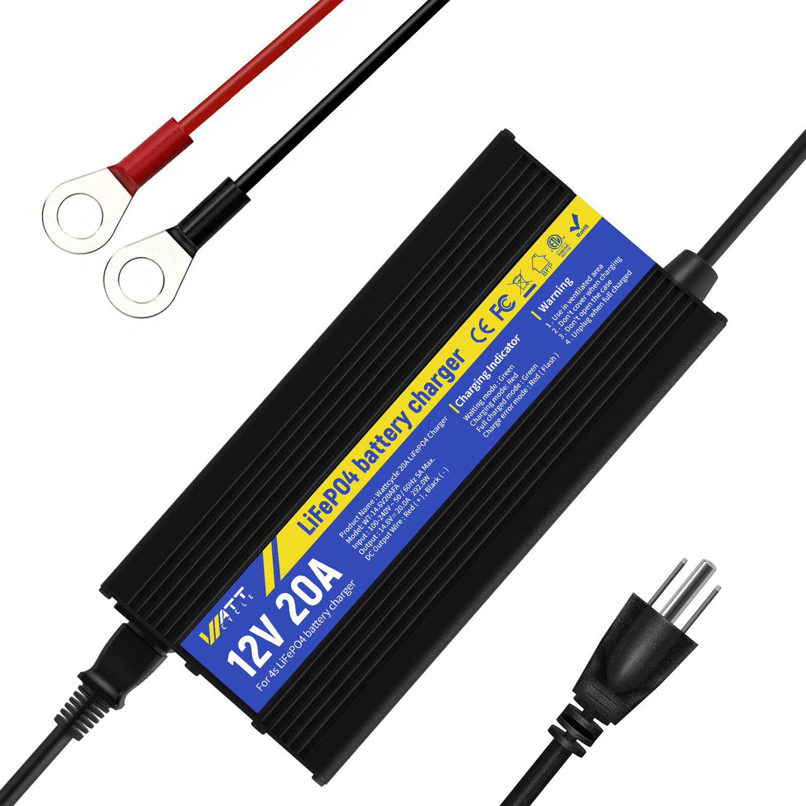 WattCycle 20A Battery Charger 12.8V 14.6V Lithium LiFePO4 Batteries Solar RV