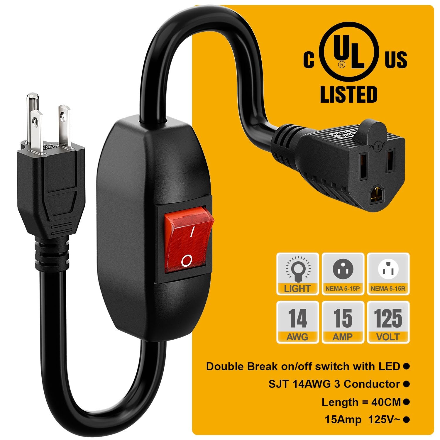 Inline On/Off Switch Extension Cord, 15A Heavy Duty Power Cable, 40CM