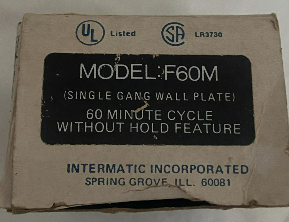 New Old Stock INTERMATIC F60M Spring Wound Time Switch 60 Min w/o Hold Feature
