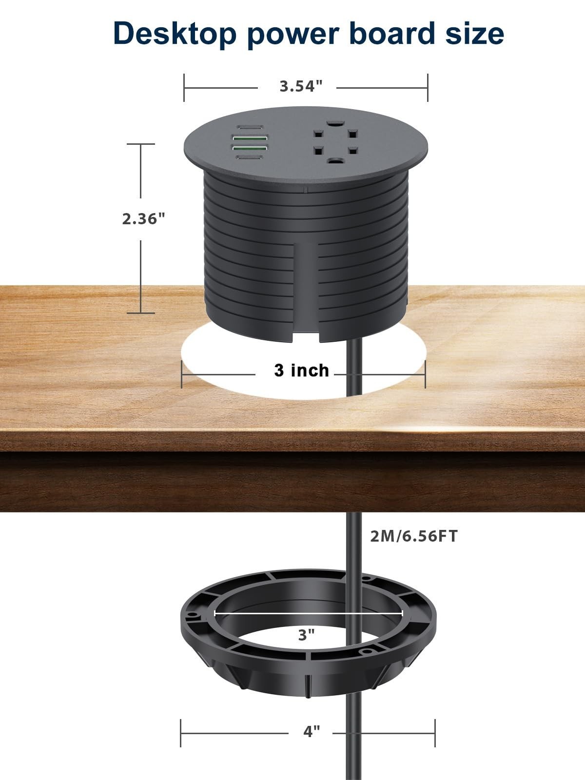 YYSKA 3 Inch Desk Power Grommet 65W USB C Fast Charging Black