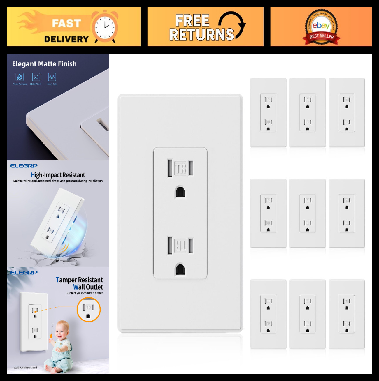 Matte White Tamper Resistant Wall Outlets, 15 Amp, Residential Grade, 10 Pack