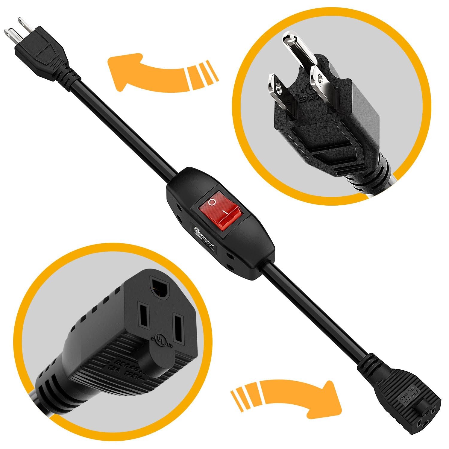 Inline On/Off Switch Extension Cord, 15A Heavy Duty Power Cable, 40CM