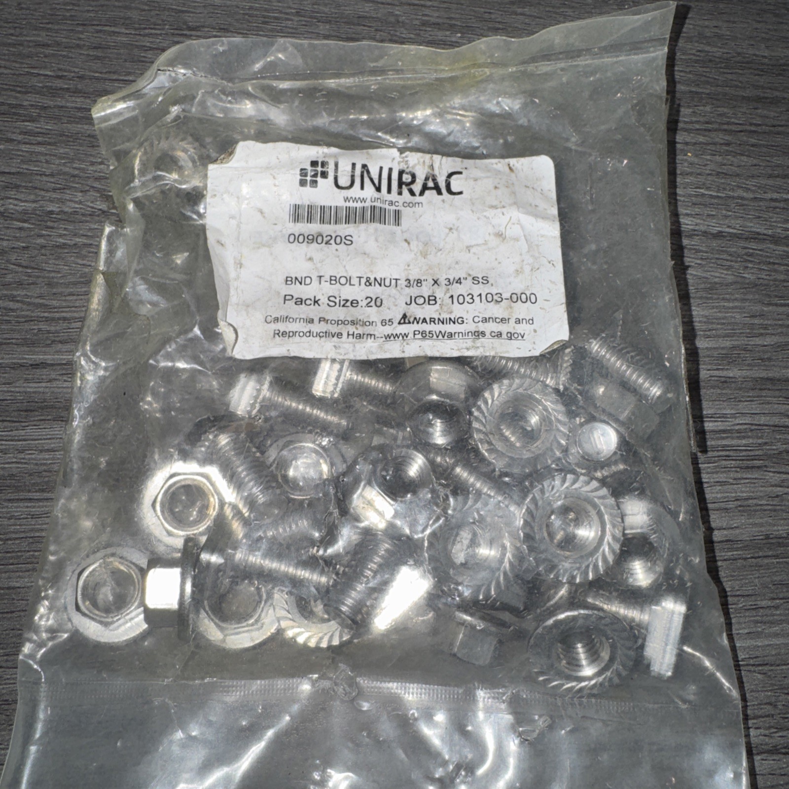 Unirac 009020S SolarMount Bonding T-Bolt & Nut, 3/8″ x 3/4″, SS. 1 Ea. 20 Pack
