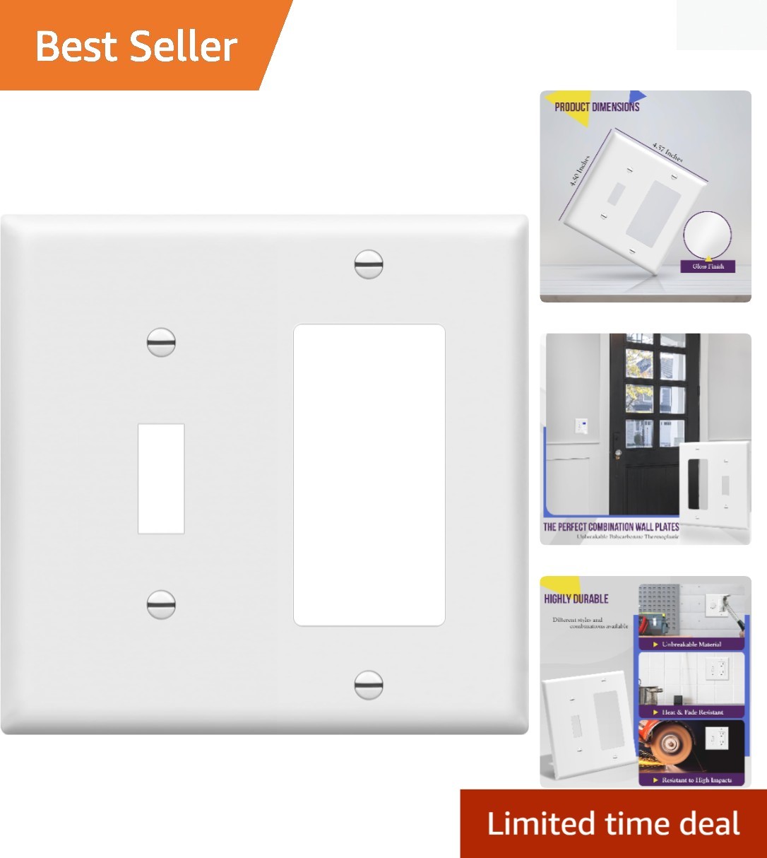 881131-W Decorator/Toggle Switch Wall Plate Combination, 2-Gang, White, Stand…