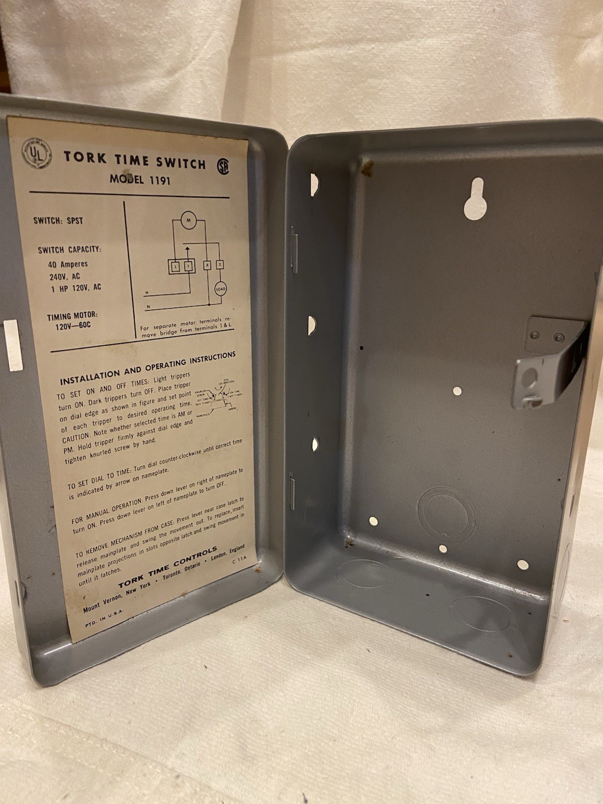TORK Dial Time Switch – MODEL 1191; 120VAC, 40 Amps, 60HZ; SPST, New Old Stock