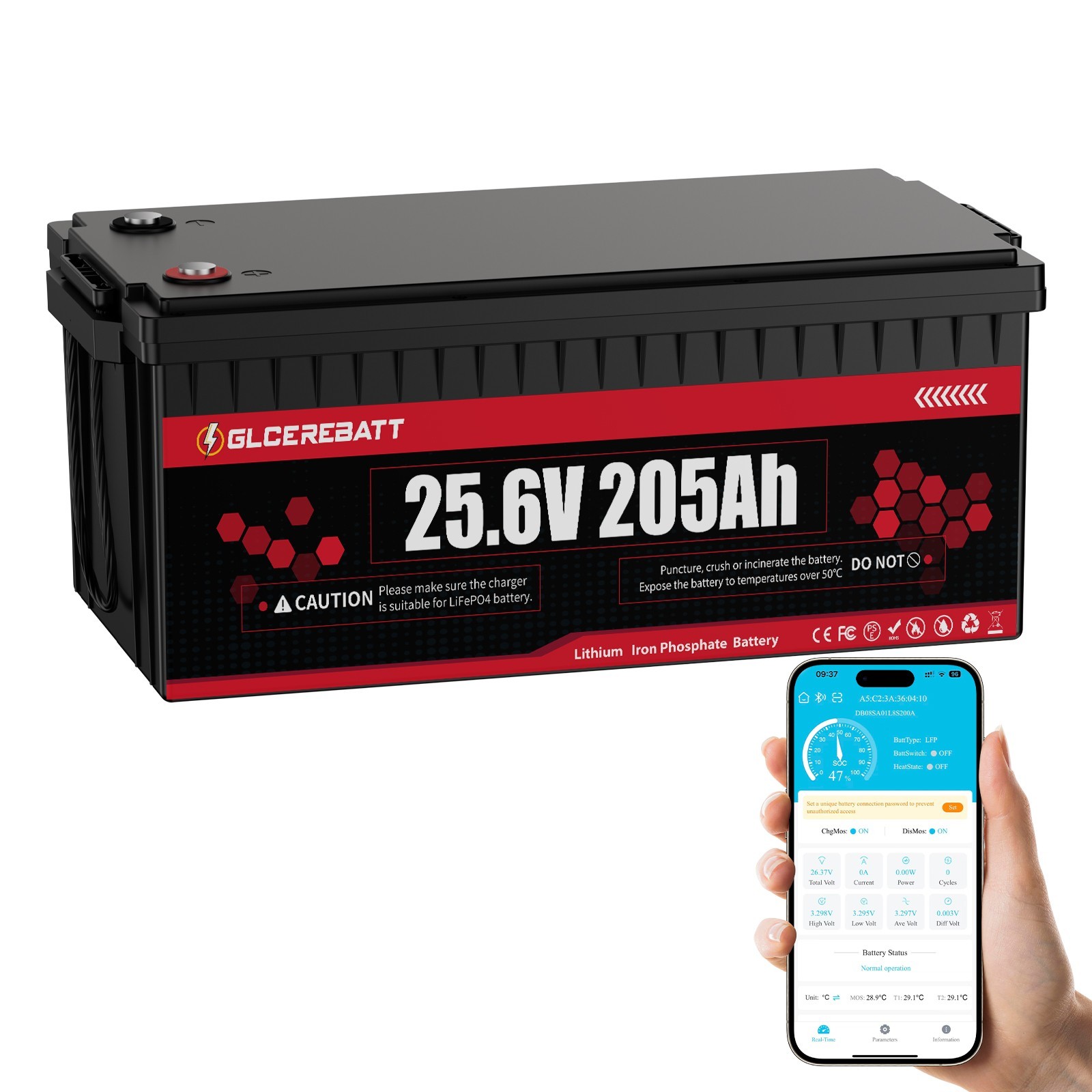 25.6V 205Ah LiFePO4 Battery 5.2kWh 200A BMS Bluetooth | RV Solar Marine Off-Grid