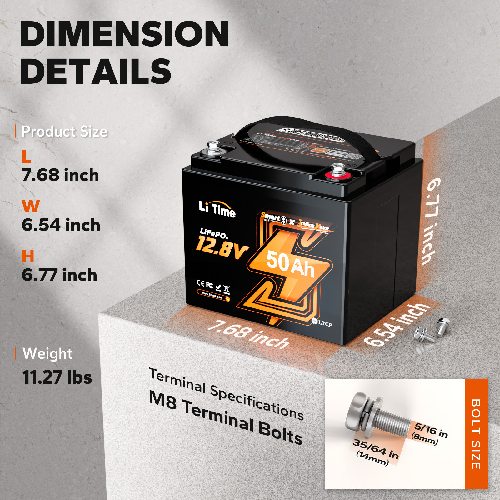 LiTime 12V 50Ah Bluetooth LiFePO4 Lithium Battery For RV Camper Trolling Motor