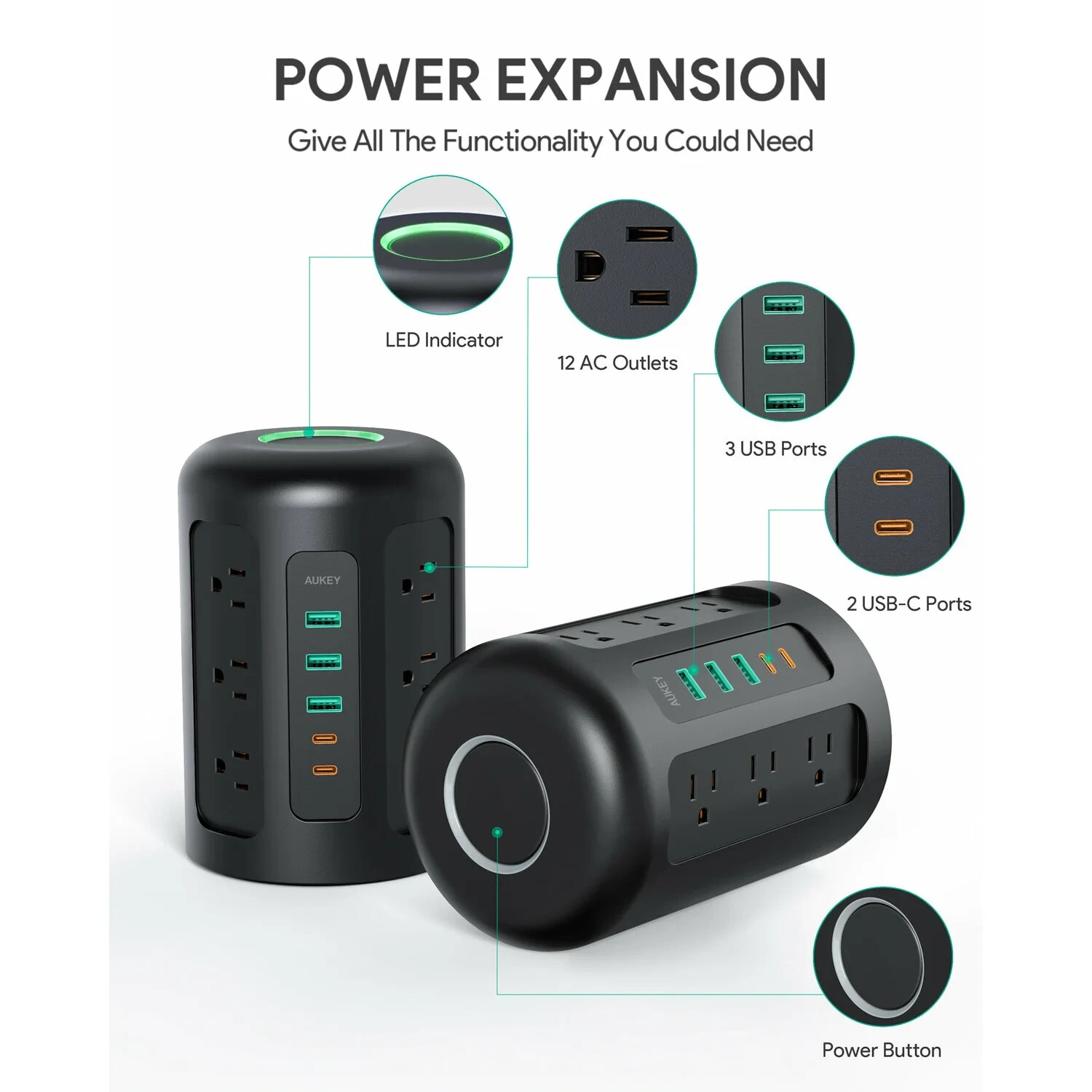 Power Strip Tower, 12 Outlets, 30W 3 USB & 2 USB-C ports, power up to 17 devices