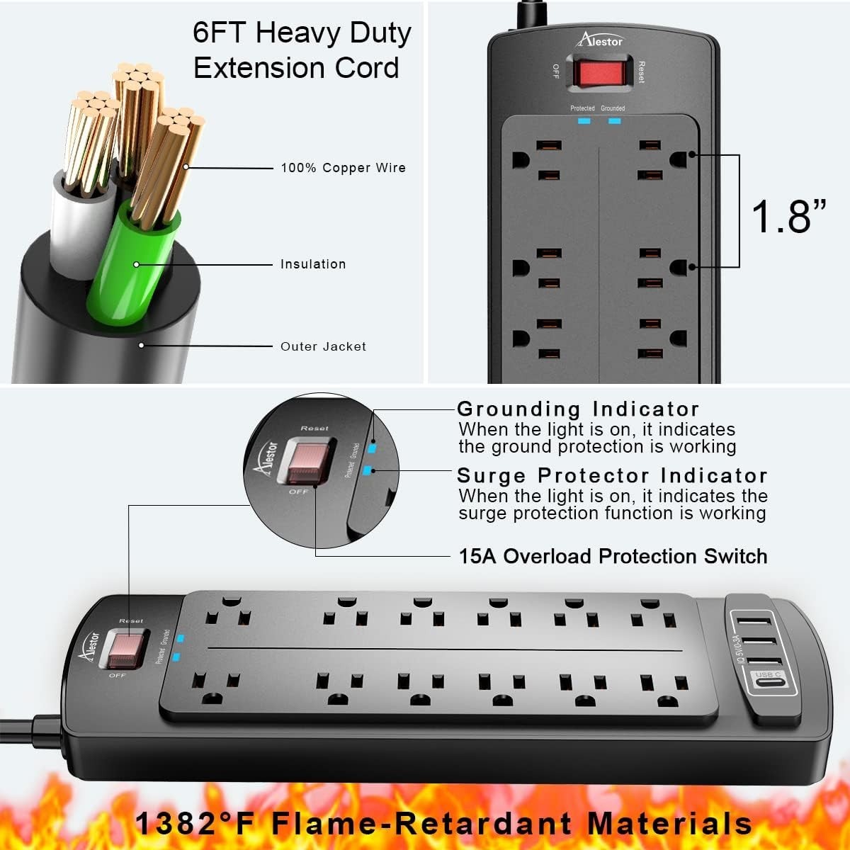 Smart Charging 12-Outlet Power Strip & 4 USB Ports – 6 ft, Black, Listed