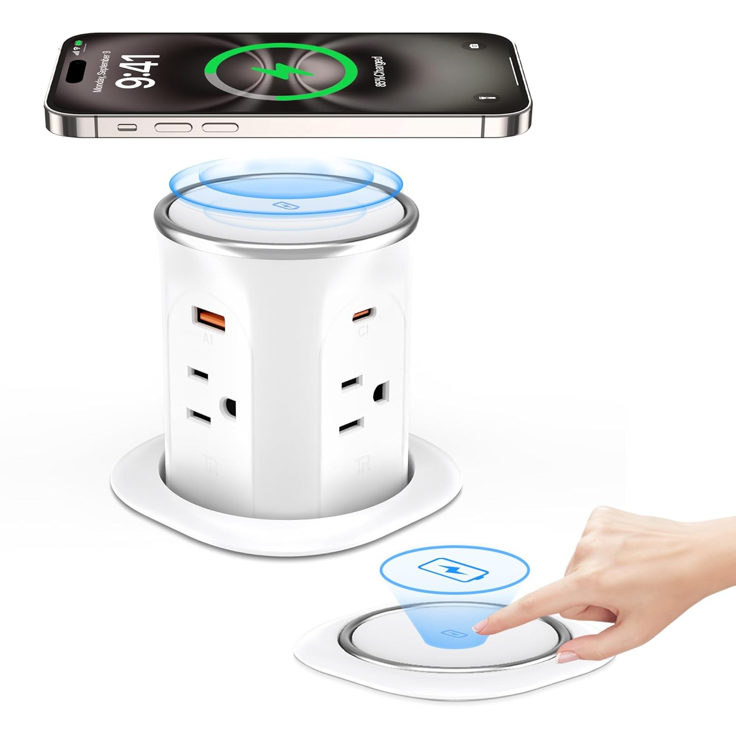 Motorized Pop up Countertop Receptacle with 15W Wireless Charger,Max 20W Power D