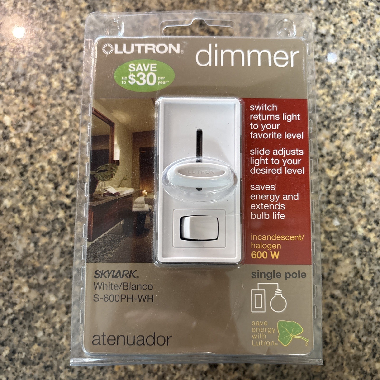 Lutron S-600PH-WH Skylark Single-pole 600W Slide Dimmer (White)