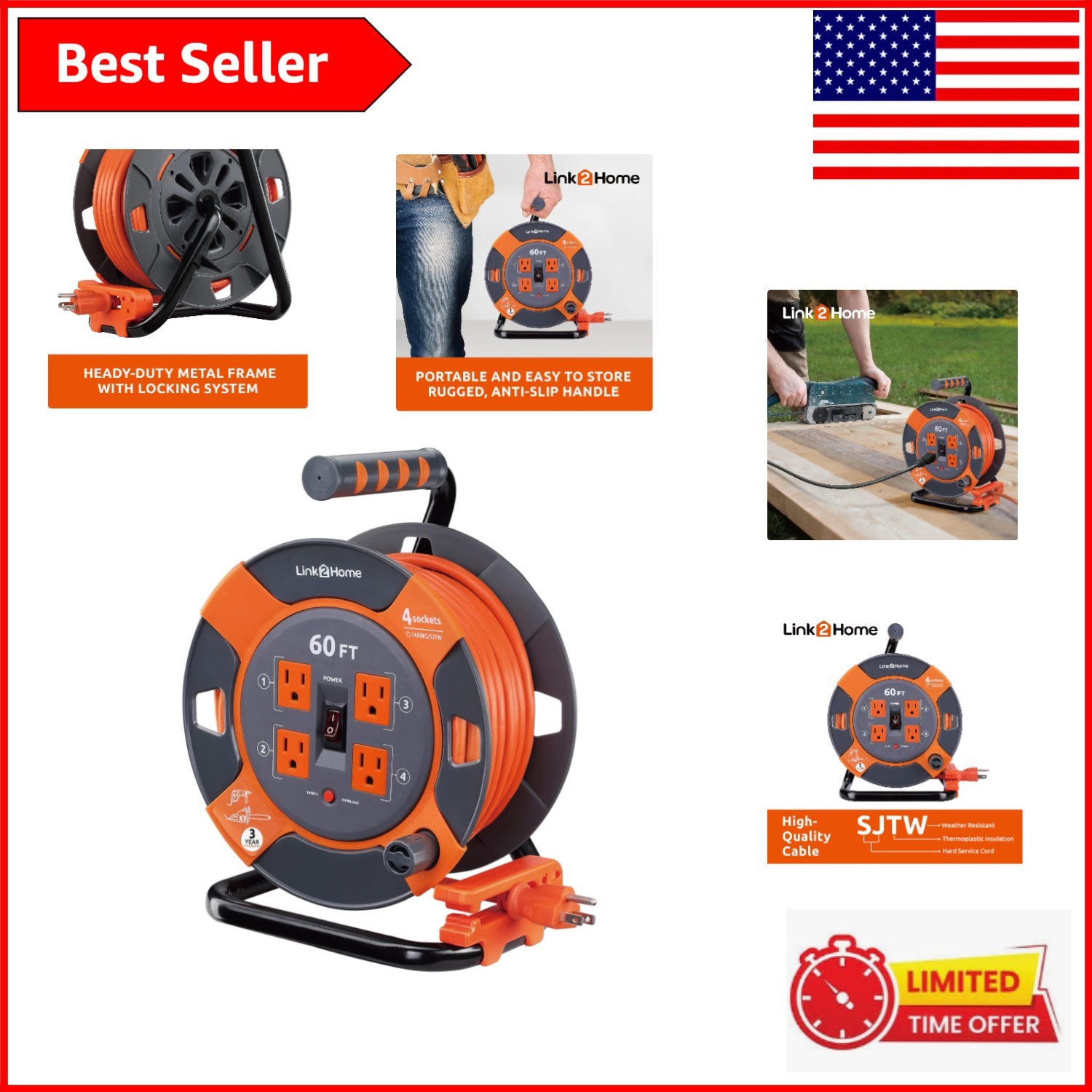 Tangle-Free 60 ft. Heavy Duty Extension Cord with 4 Outlets and Locking System