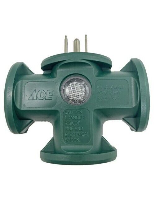 Ace Grounded 3 Outlets Adapter Green 15 Amps 125 V With LED Power Indicator