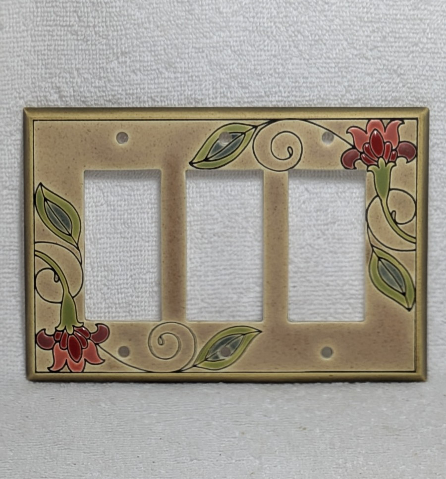 Jacobean Flower Hand Painted Ceramic Rocker Triple Switch Cover All Fired Up