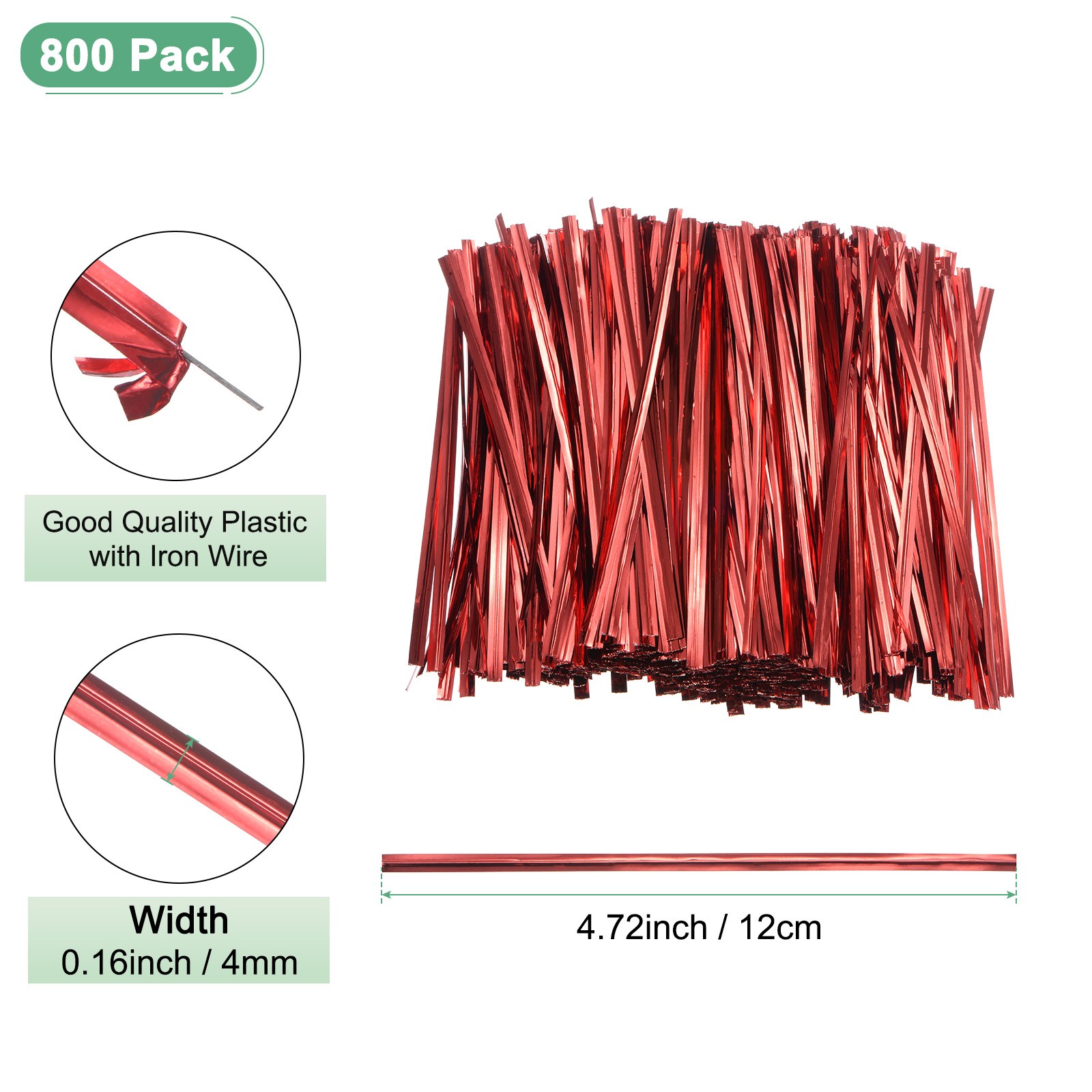 800Pack Metal Twist Ties, 12cm Metallic Twists Tie Bags Twisty-Ties Red
