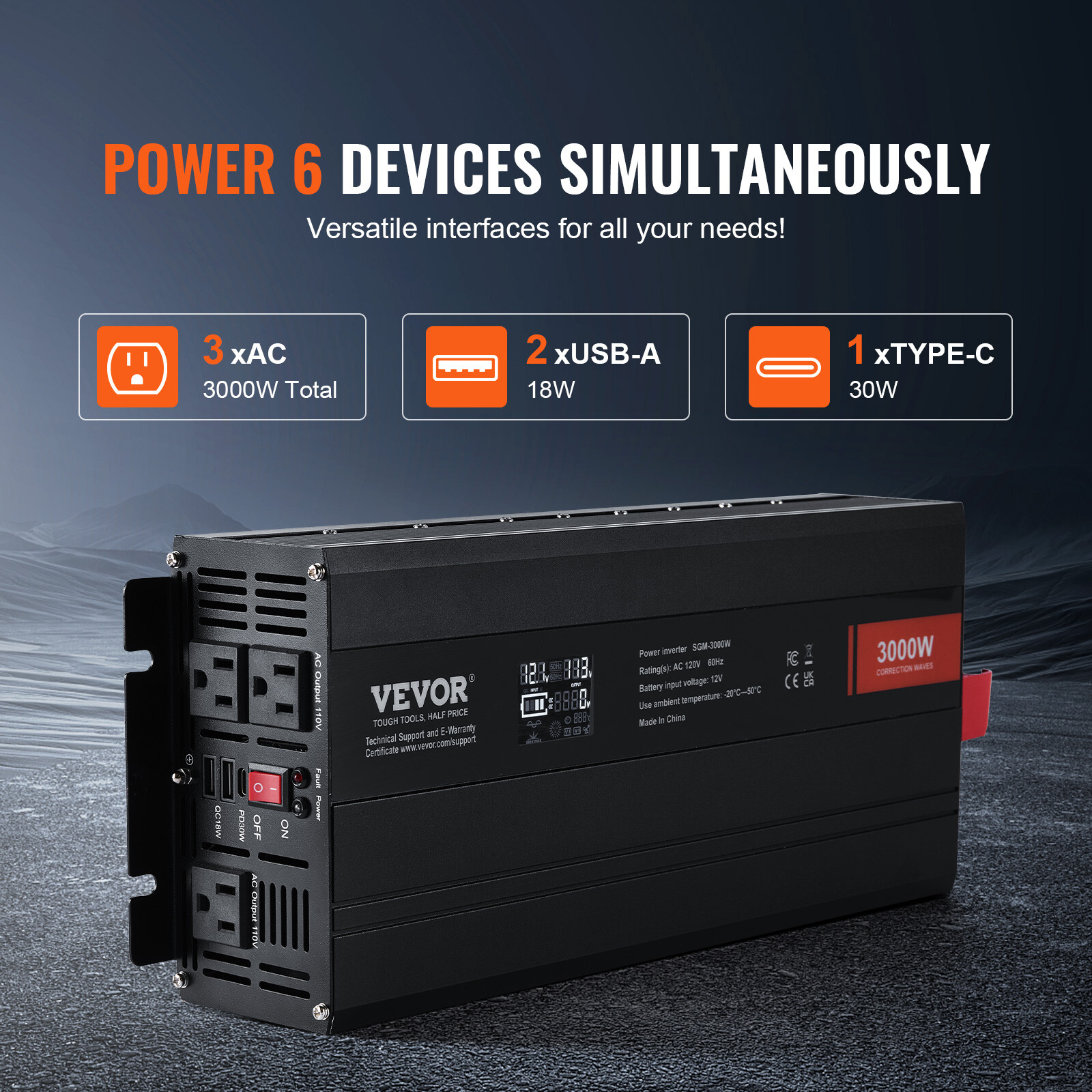 VEVOR Modified Sine Wave Power Inverter 3000W DC12V to AC120V LCD Display CE FCC