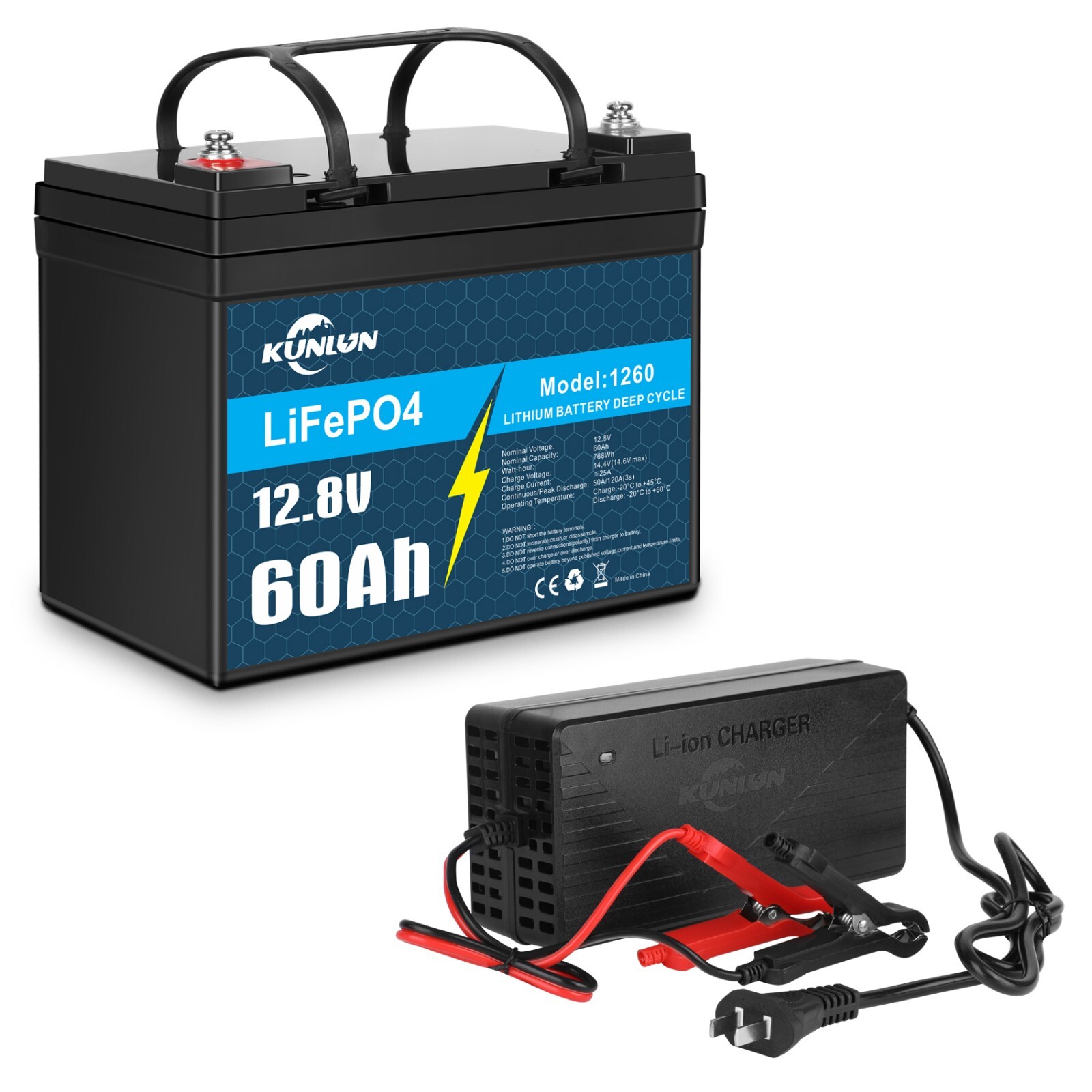 12V 60AH 768 Wh LiFePO4 Lithium Battery with 20A Charger For RV Solar Panel NEW