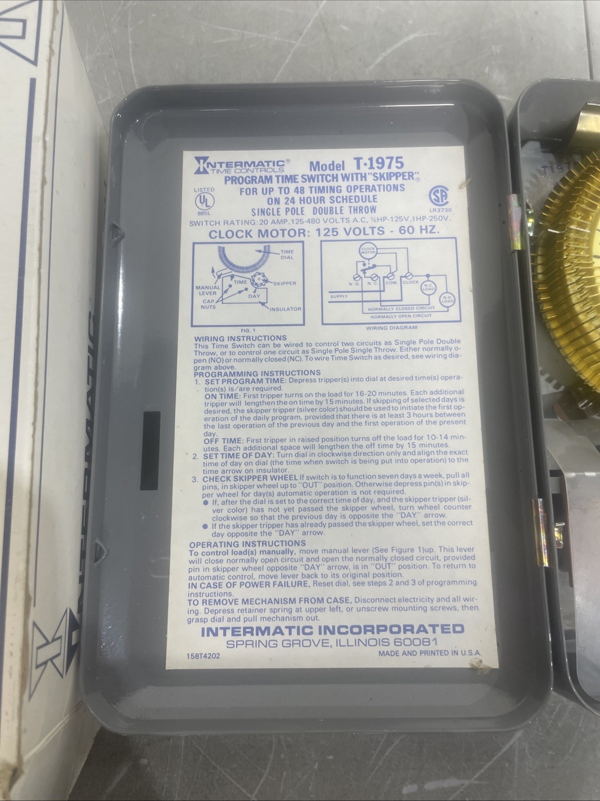 Intermatic T1975 Electromechanical Timer SPDT 24 Hour 125V With 7 Day Skipper