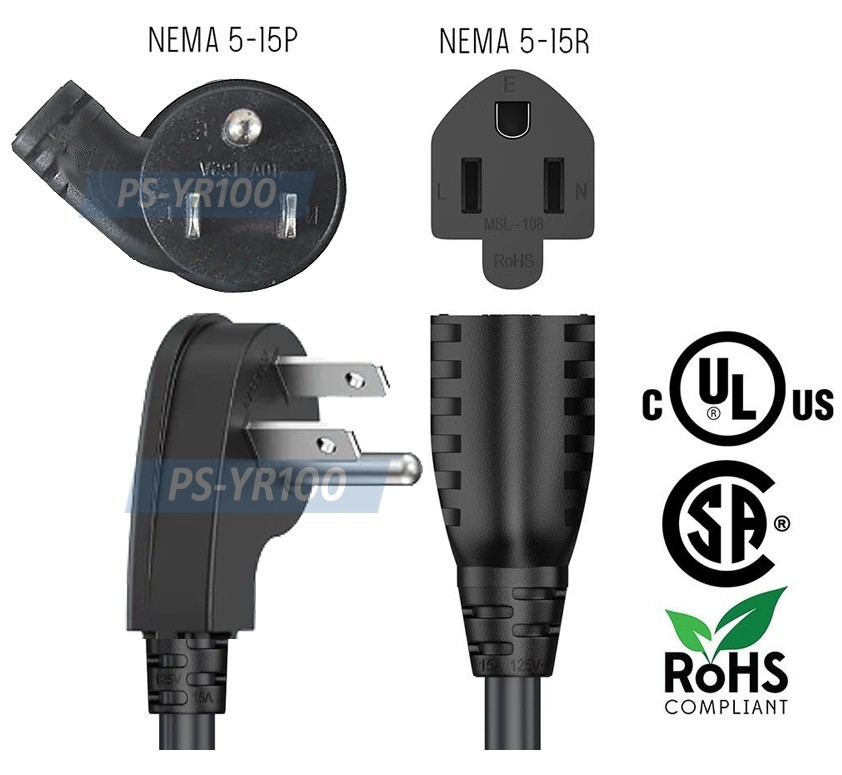 1 In 2 Out AC Power Outlet Splitter Cord Slim Angled Plug 14″ Long 13A 125V Max