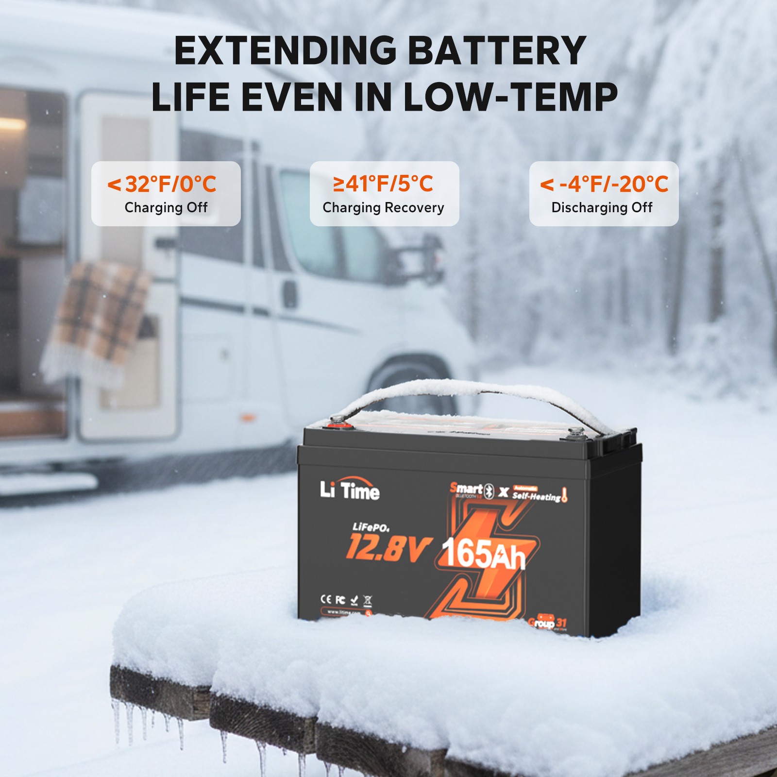 LiTime 12V 165Ah Smart Self Heating Group 31 LiFePO4 Lithium Battery For Winter