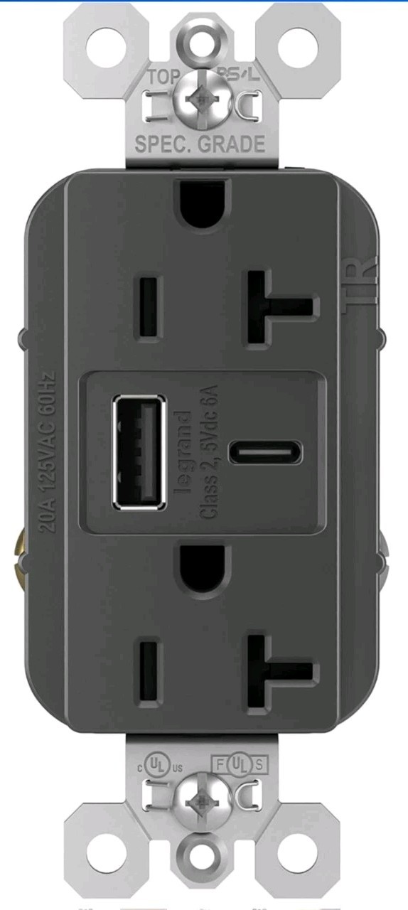 Legrand – P & S TR20USBAC6BK 20A Hybrid Type-C Ultra-Fast 6.0A Wall Outlet