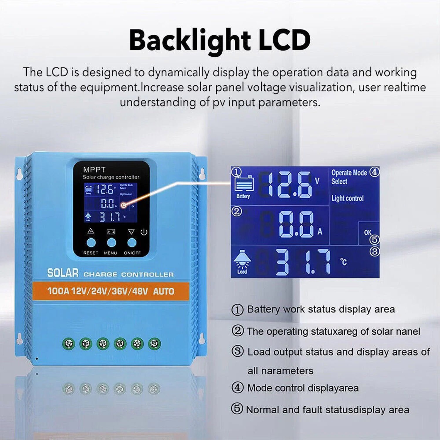 4800W 100A MPPT Solar Charge Controller 12V/24V/36V/48V Battery PV Regulator US