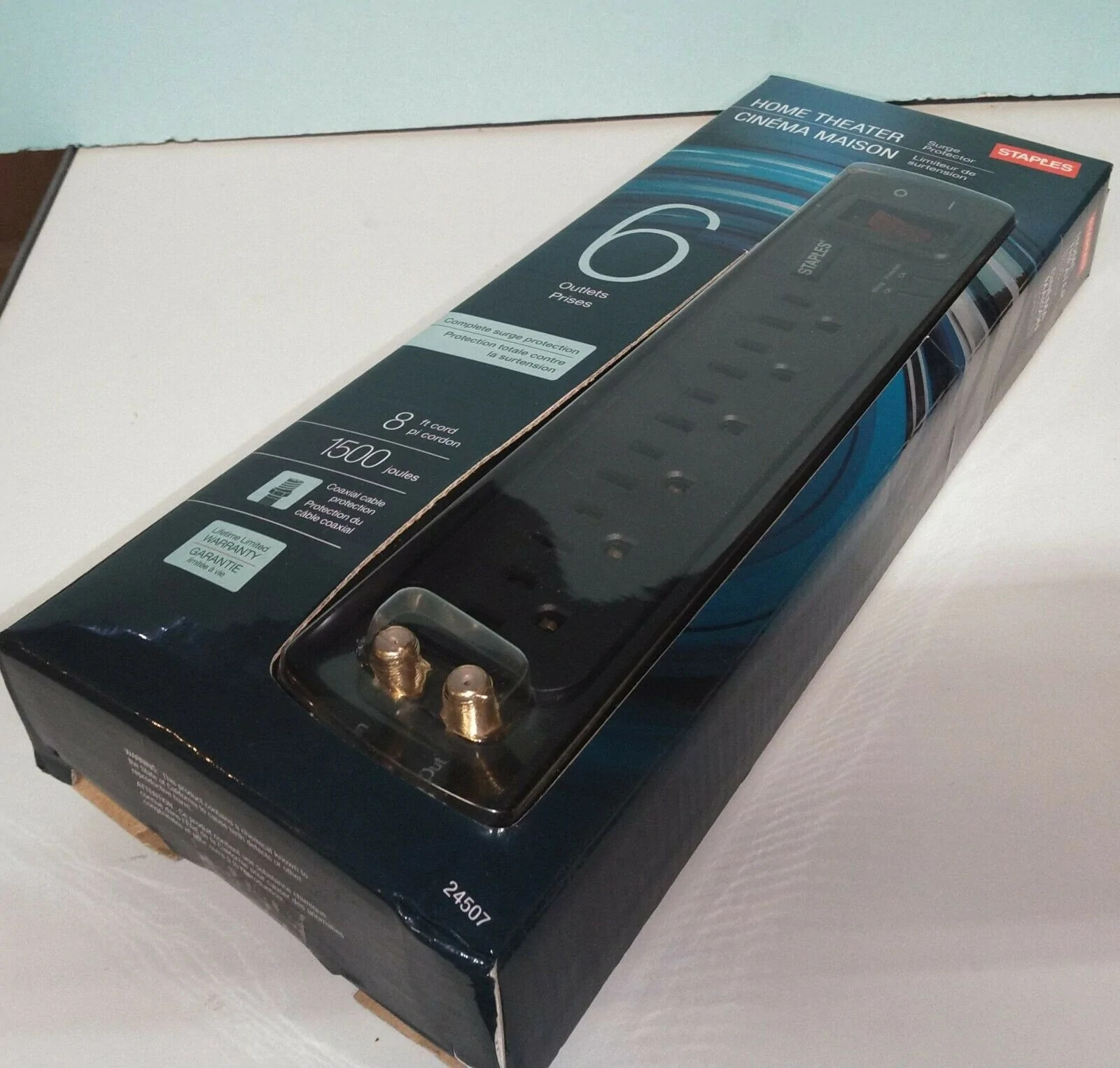 Home Theater 6 Outlets Surge Protector, 1500 Joules, 8′ Cord, Black ( Staples )