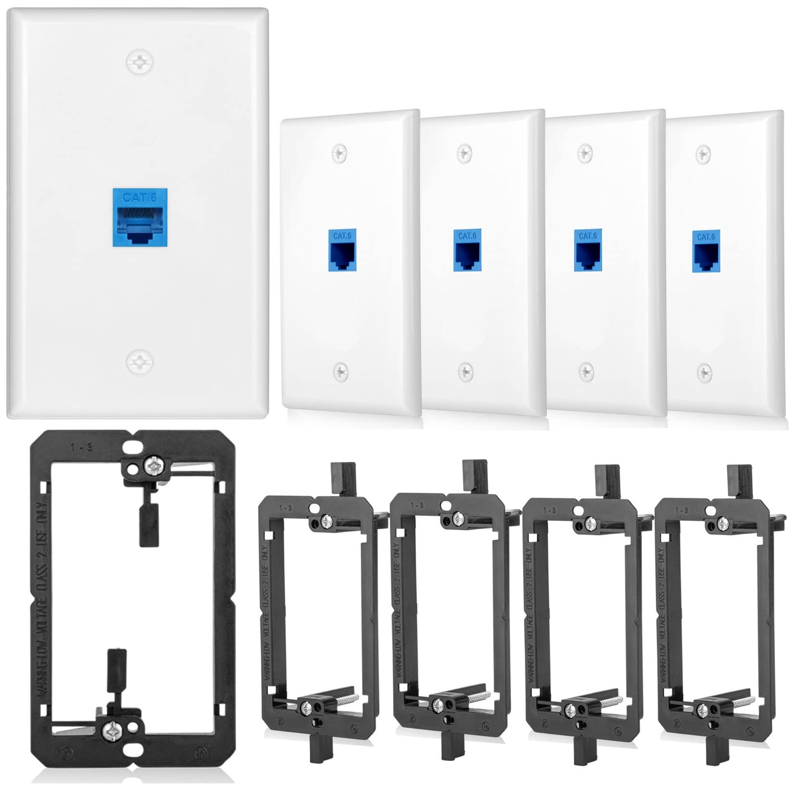 Cat6 Internet Outlet, 5 Keystone Jacks, Low Voltage Mounting Bracket, White