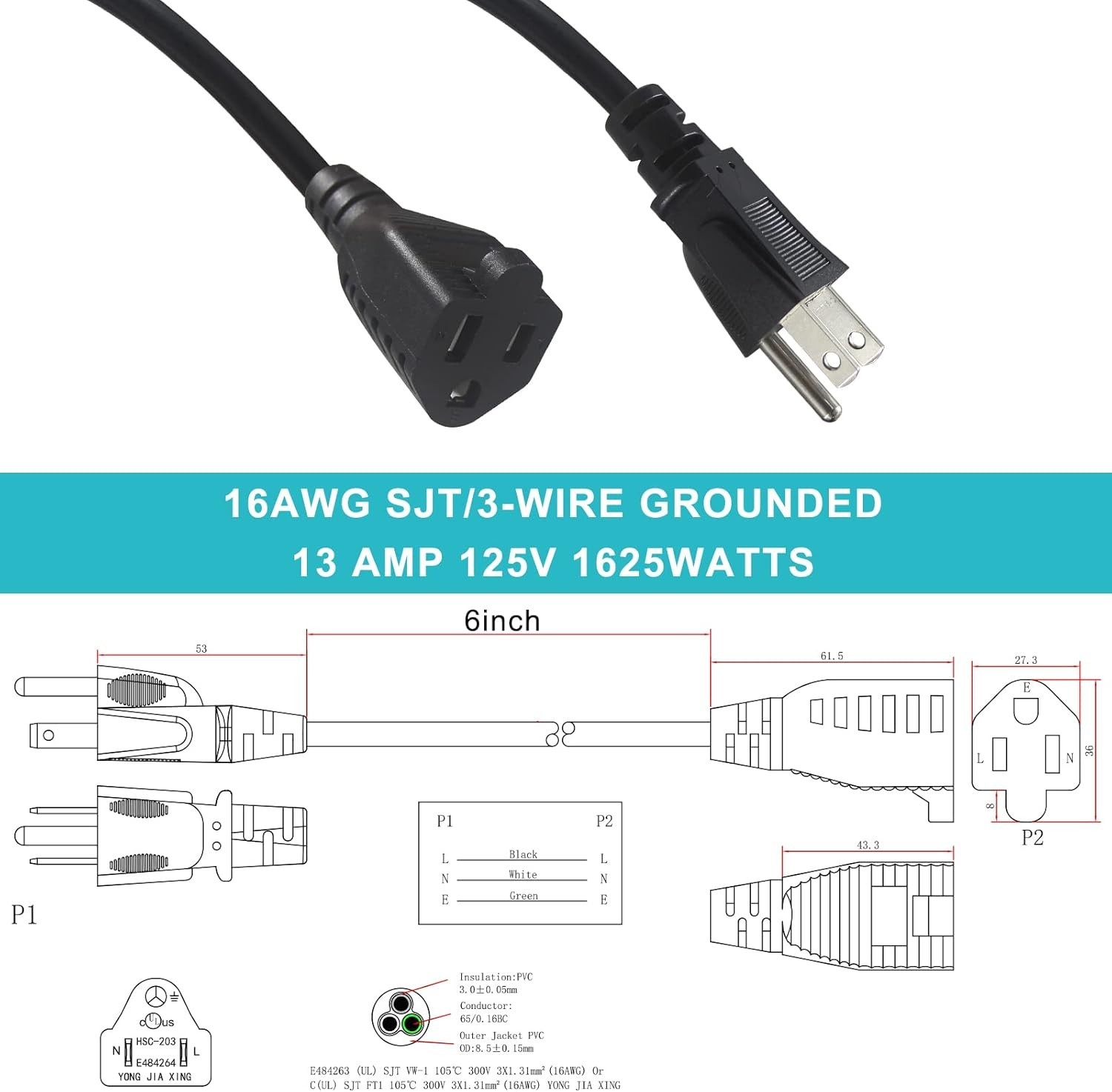 1 Pack 6inch Short Power Extension Cord Black 3 Prong Mini Indoor Grounded Ext