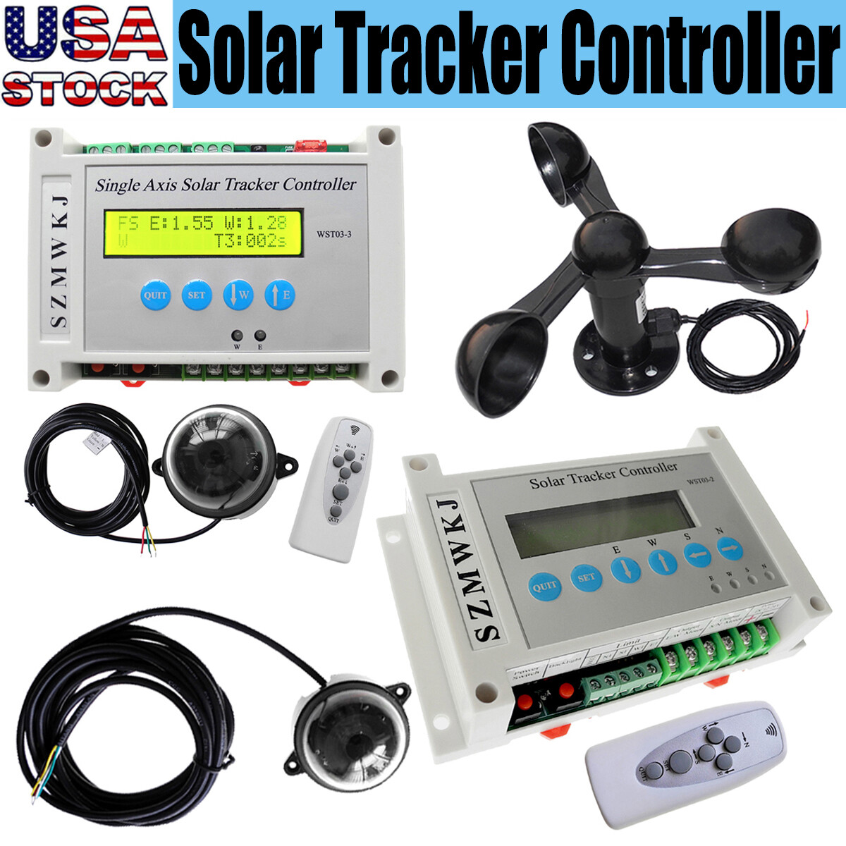 Electronic Single/Dual Axis LCD Solar Panel Tracker Controller W/ Wind Sensor CL