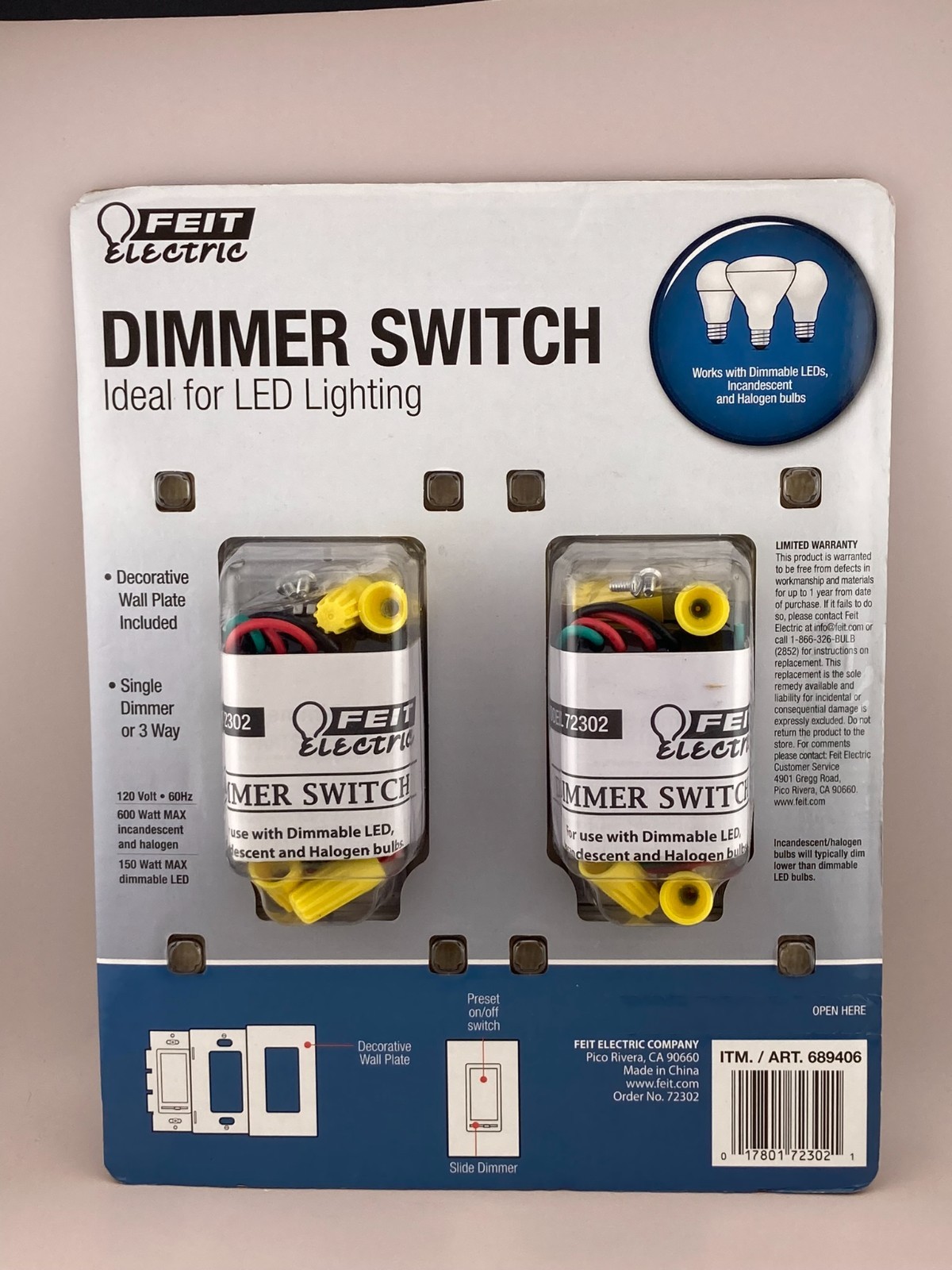 Feit Electric Dimmer 2 Pack Ideal for LED Lighting Slide Dimmer Single or 3 Way