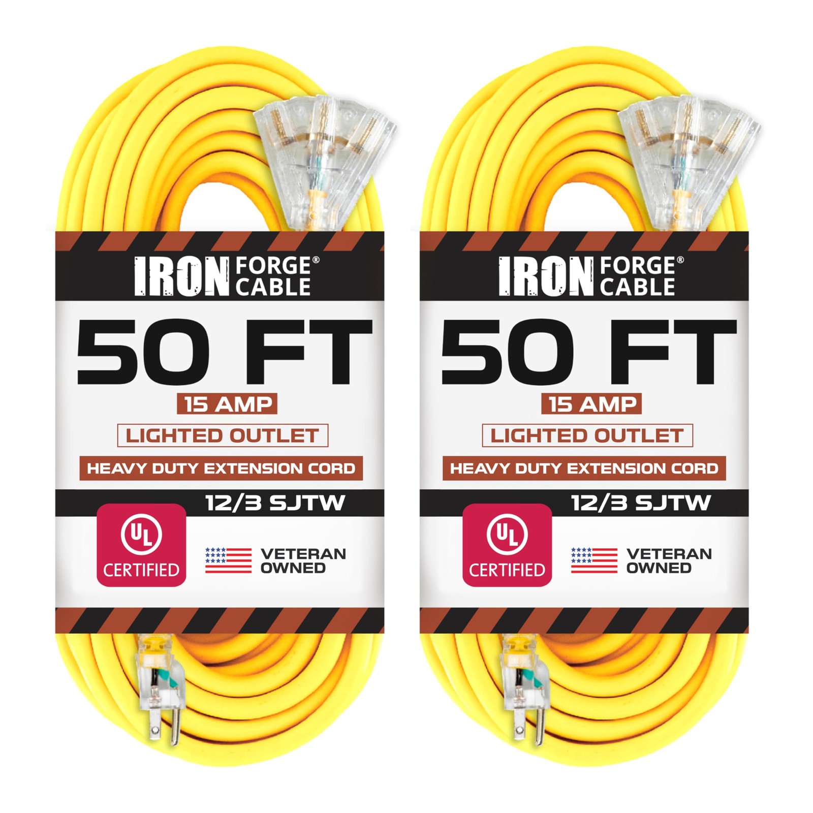 Iron Forge Cable 2 Pack 50 Foot Lighted Outdoor Extension Cord with 3 Outlets…