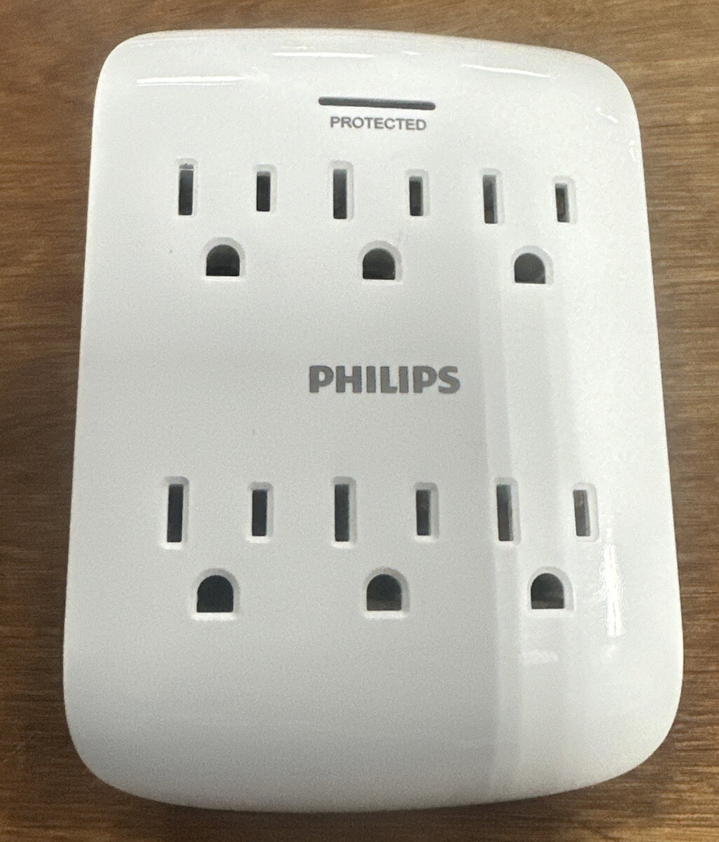 Philips 6-Outlet Surge Protector Tap 900 Joules Space Saving Design Gray & White