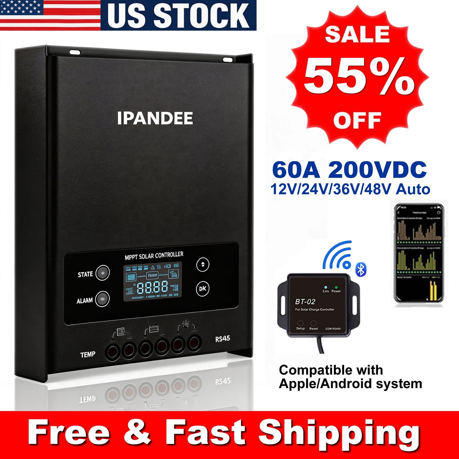 MPPT 60A 200VDC Solar Charge Controller 12V/24V/36V/48V Battery Regulator w/APP