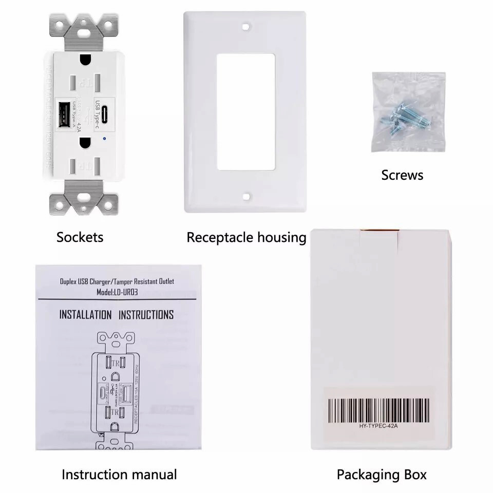 USB C Outlet Fast smart Charger 4.8A Duplex Receptacle 15A 125V Tamper Resistant