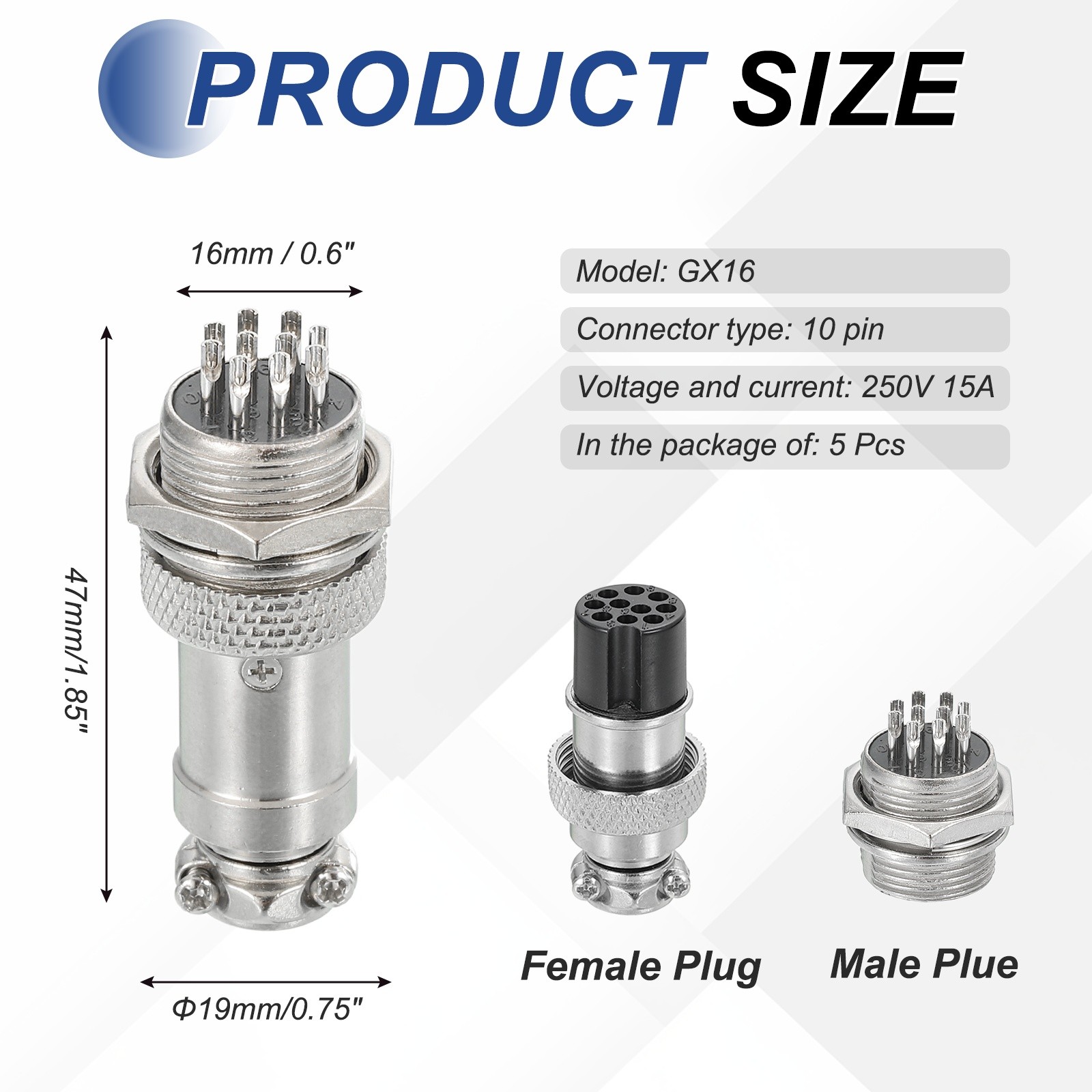 5Pcs 10 Pin Aviation Connector 250V 15A 16mm Metal Circular Connector Silver]