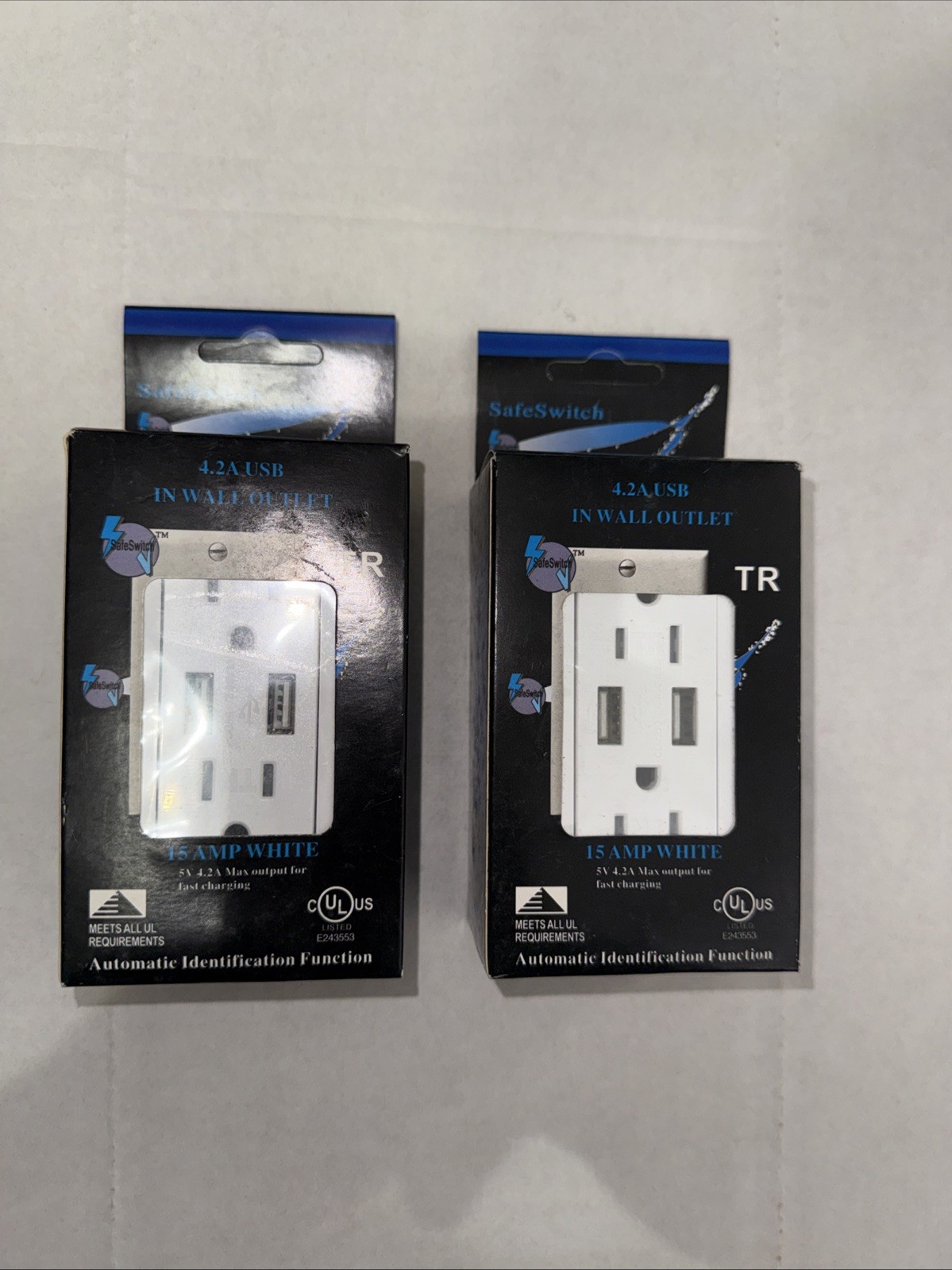 Two (yes, 2) SafeSwitch 4.2A USB In Wall Outlet New White 15 Amp Fast Charge