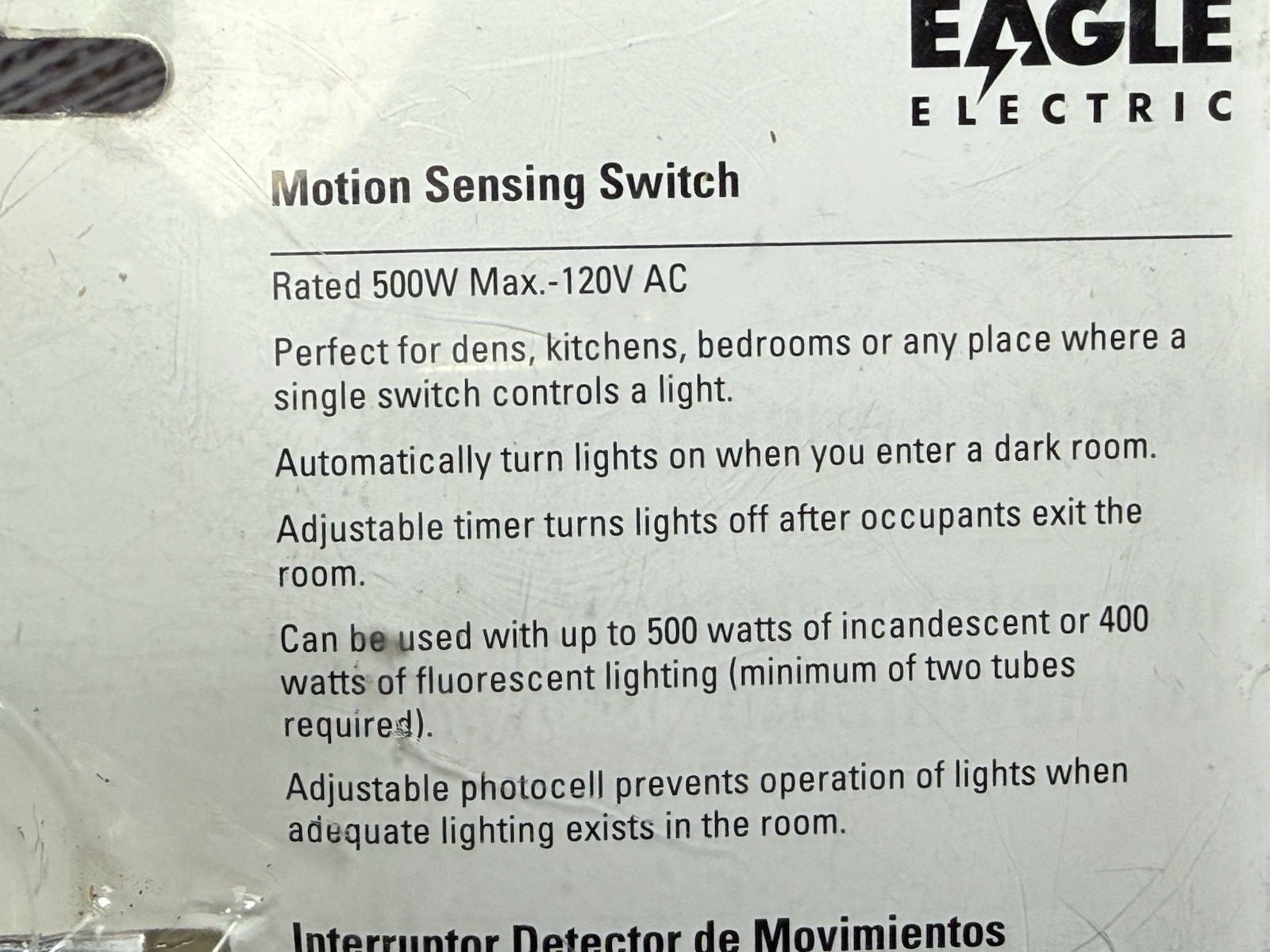 Eagle Electric Motion Sensing Switch 150° Detection 500W 120V w/Cover Plate