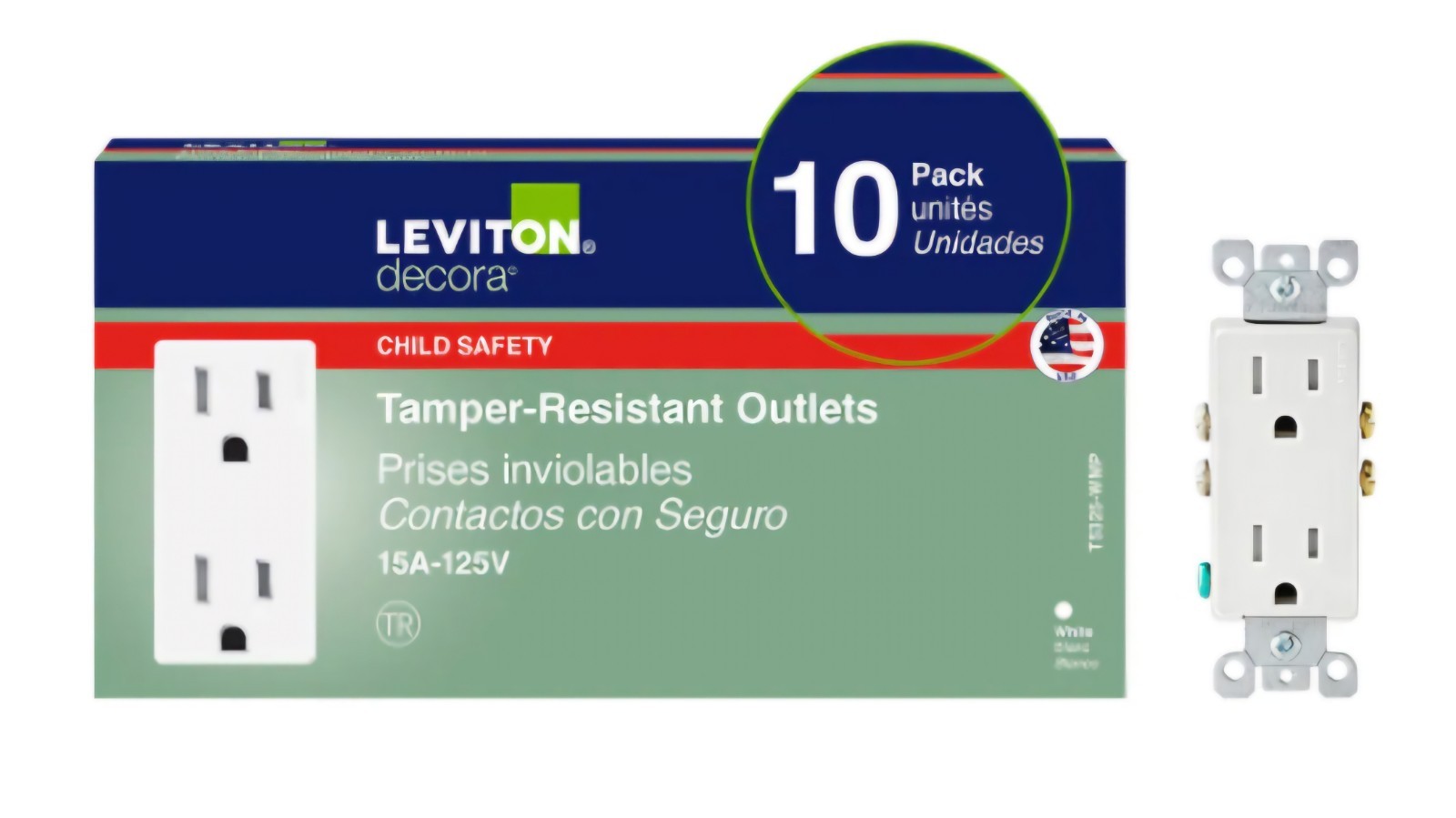 Leviton Decora 15 Amp Tamper-Resistant Duplex Outlet, Child Safe,White (10-Pack)