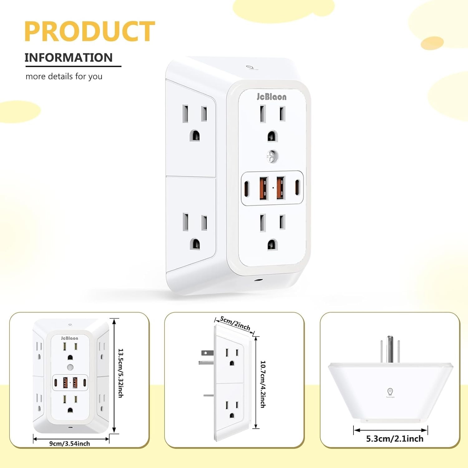 Wall Outlet Extender with Night Light, Power Plug Adapter 6 Outlet Extender with