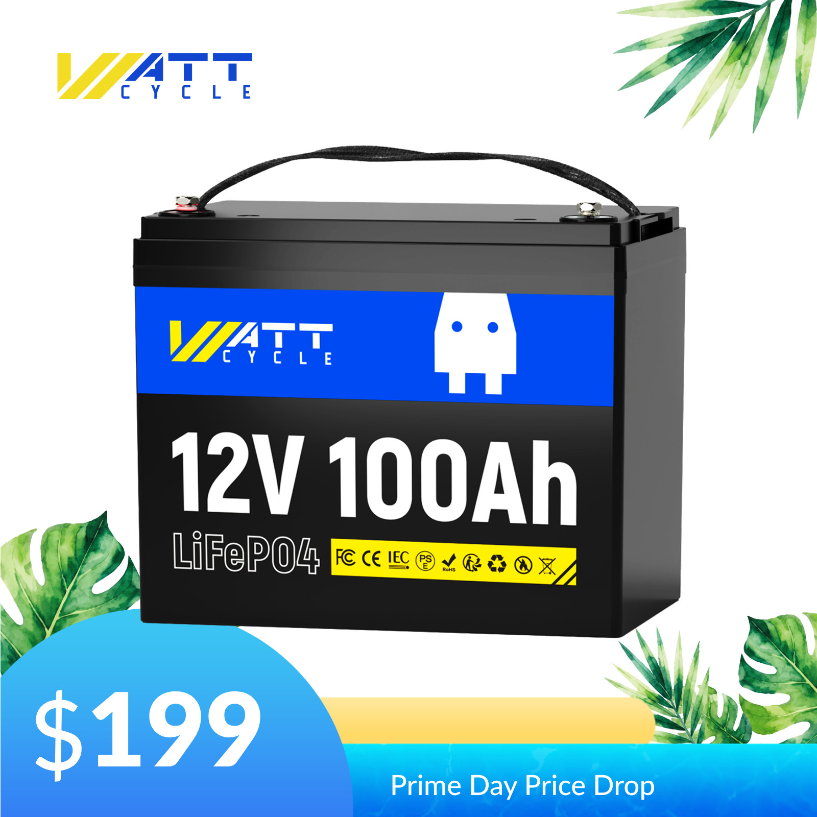 WattCycle 12V 100Ah 100A BMS Group 24 LiFePO4 Lithium Mini Battery RV Camping