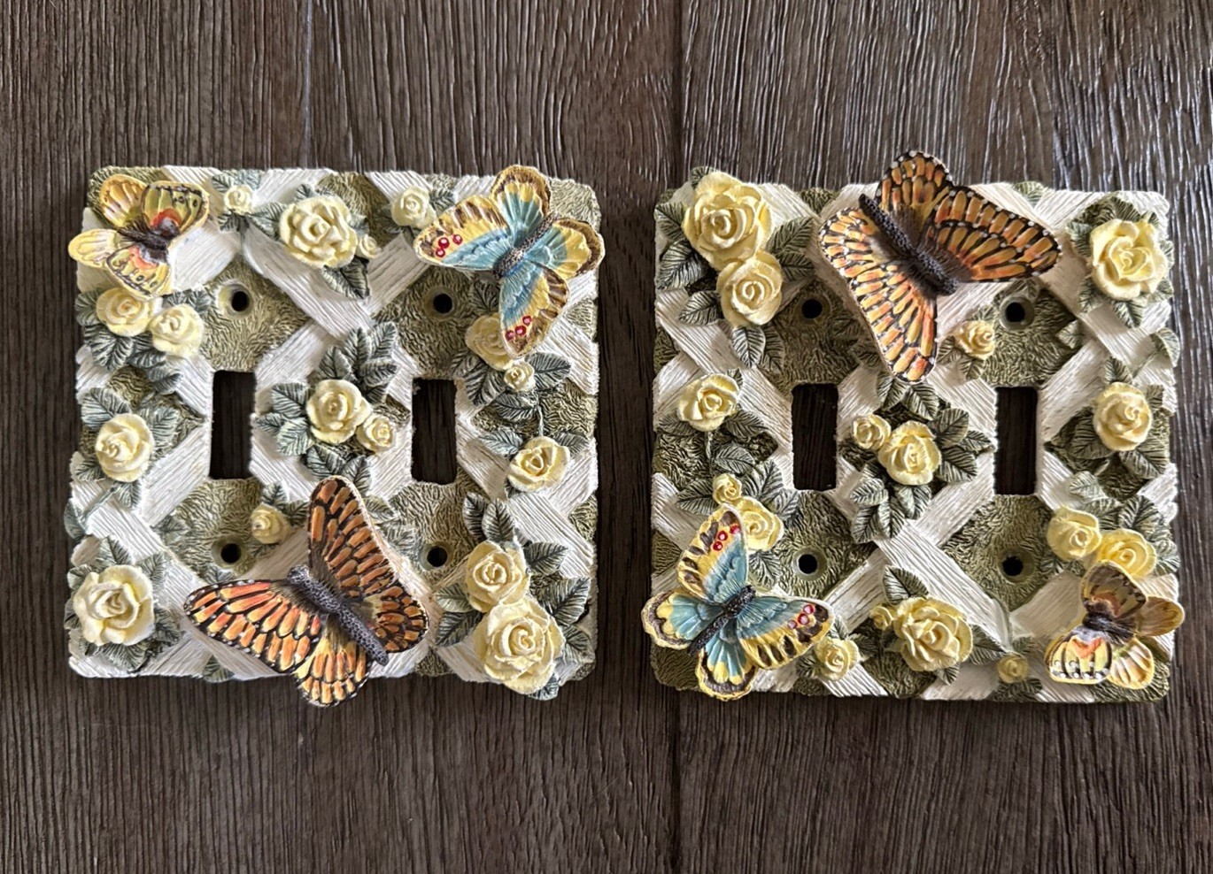 Double Light Switch Plate Butterfly 3D Lattice Roses Floral Set Of 2 Resin