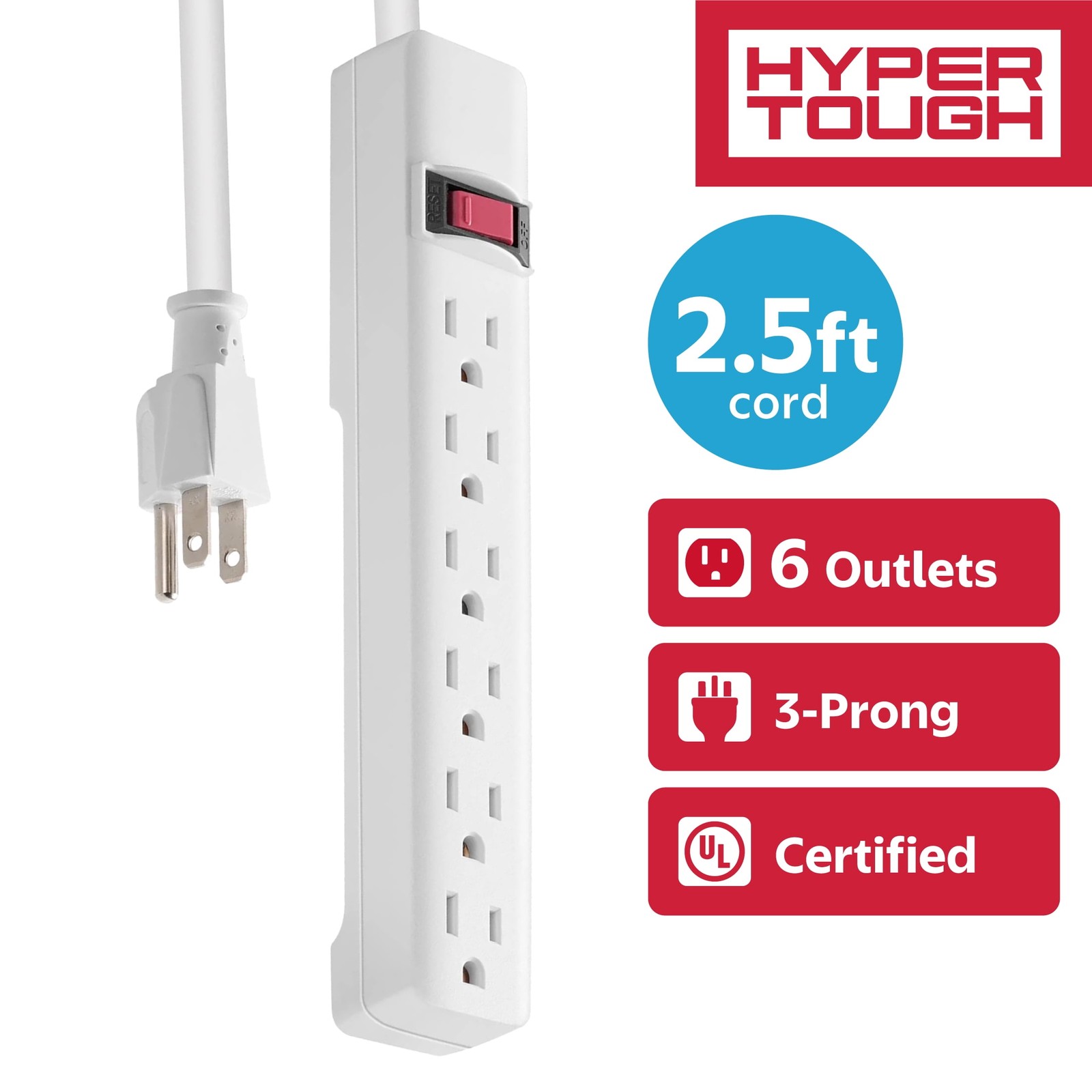 6-Outlet Power Strip 2.5 ft Extension Cord Surge Protector with ETL